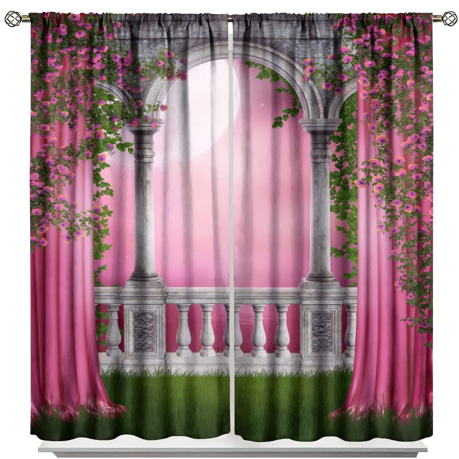 Pink Gothic Blackout Curtains,Vintage Romantic Roses Medieval Castle Theme Rod Pocket Window Drapes for Living Room Bedroom Dining Room Decor W42xL63in