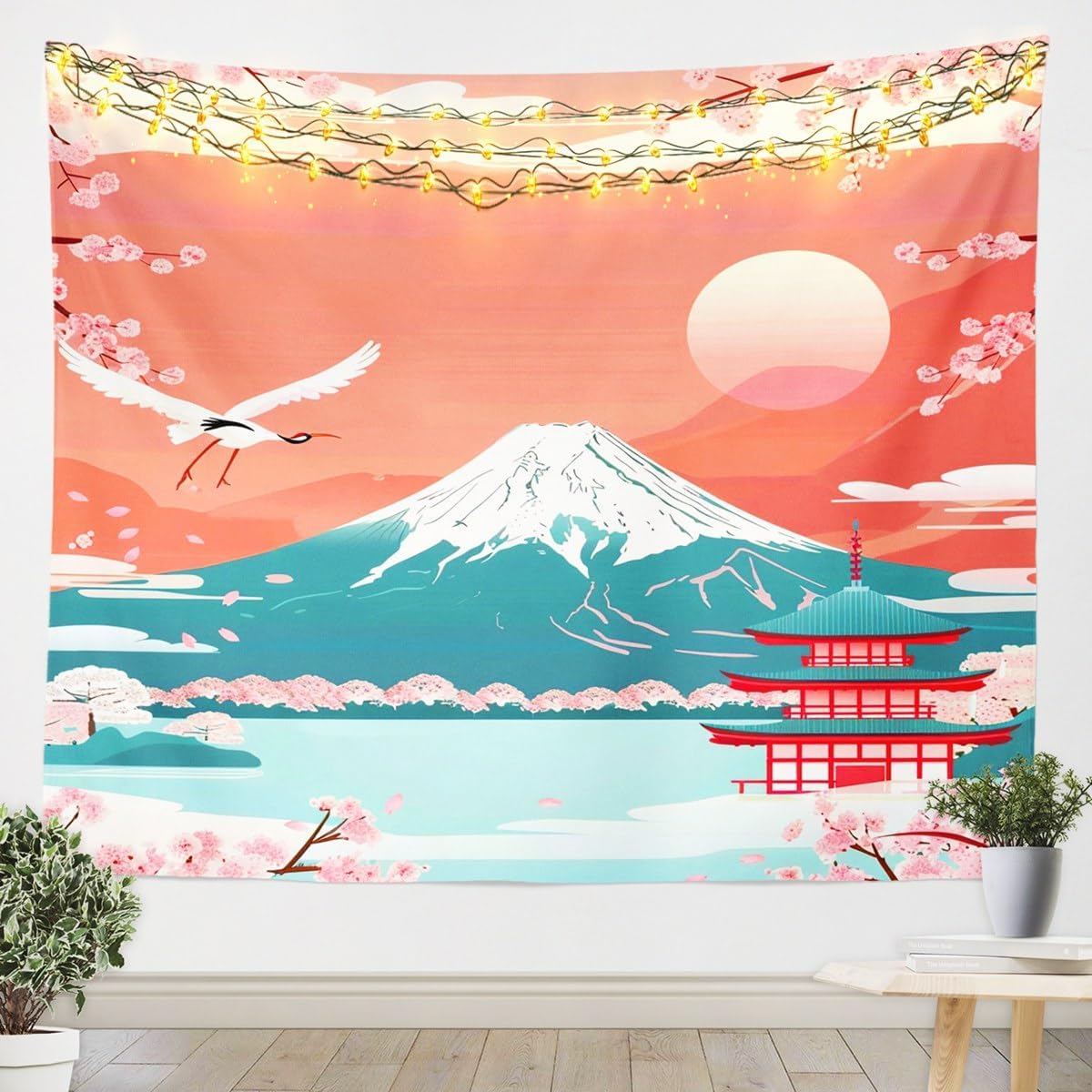 jejeloiu Pink Japanese Style Tapestry Medium 59"x59" Kids Cherry Blossoms Wall Hanging for Boys Girls Teens Mount Fuji Crane Wall Blanket Sun Wall Art Room Decor Tapestries