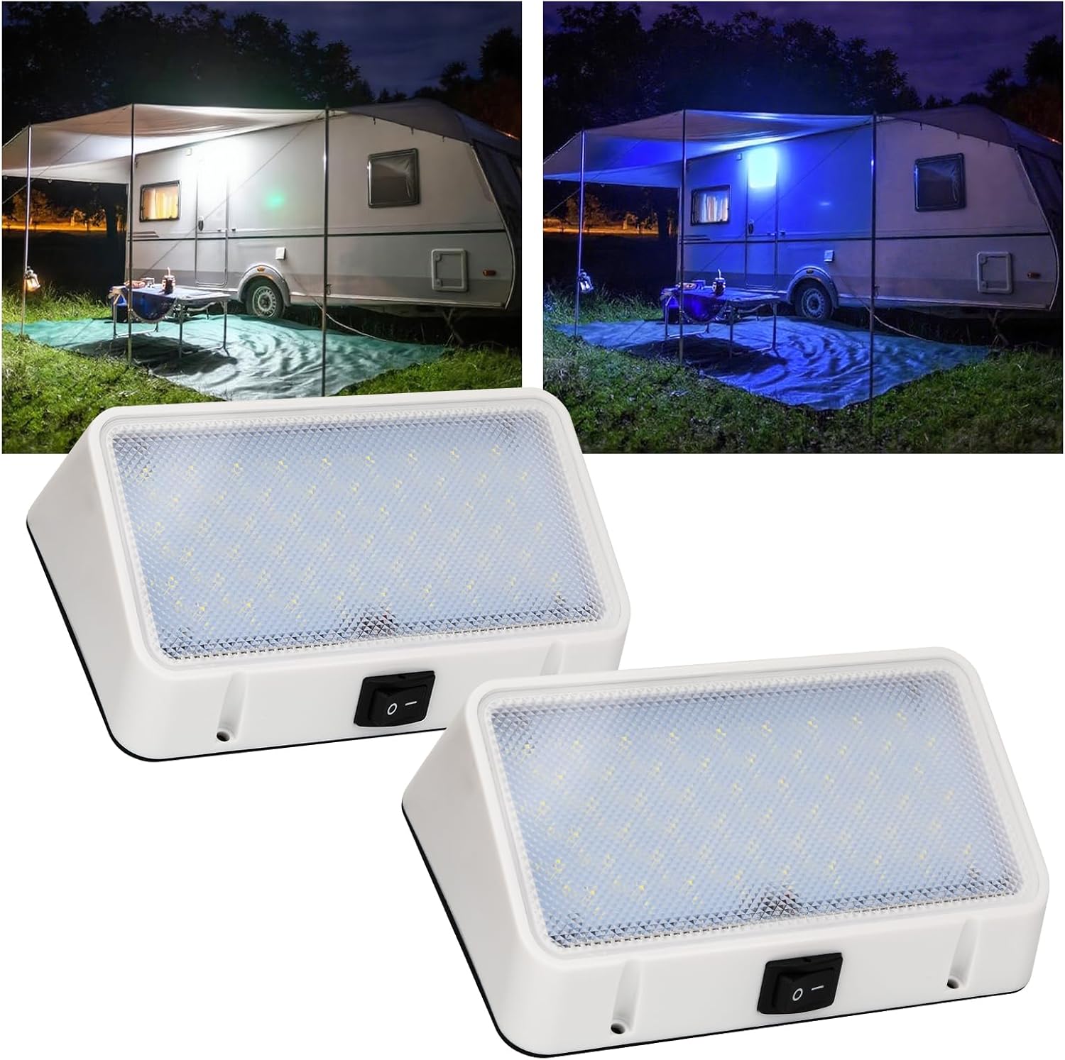12V RV LED Exterior Porch Light with Waterproof Switch, Dual Light Color Switchable White and Blue, 1500 Lumen. Suitable for RV Camper Travel Trailer Motorhome(White Housing)-2 Pack