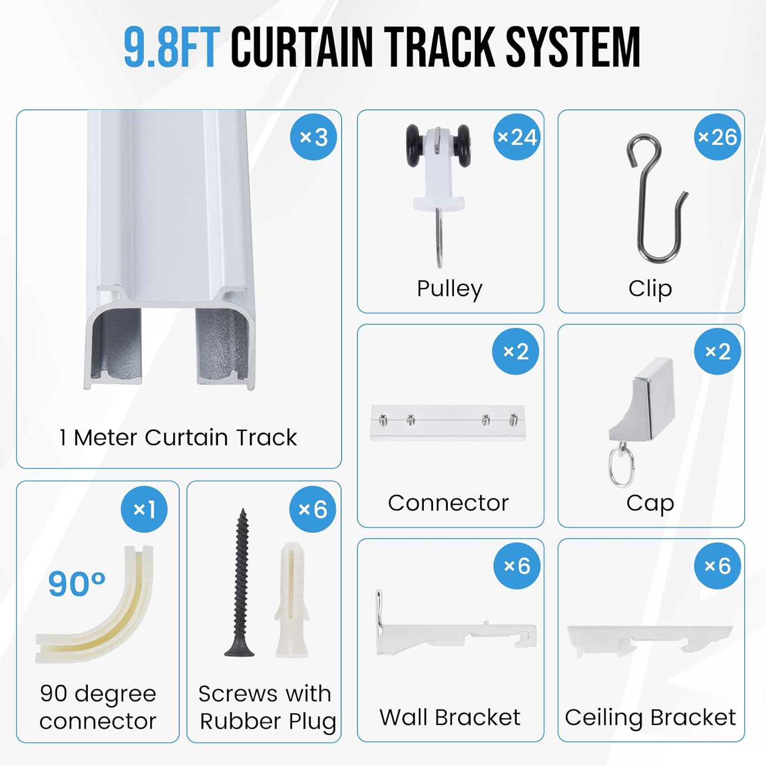Ceiling Curtain Track 6ft-9ft/3 Meter - Adjustable Length, with 90° Curve Connector, Aluminum, Ceiling/Wall Mounted, Ideal for Living/Bedroom/Shower/RV/Garage for Privacy & Room Divider