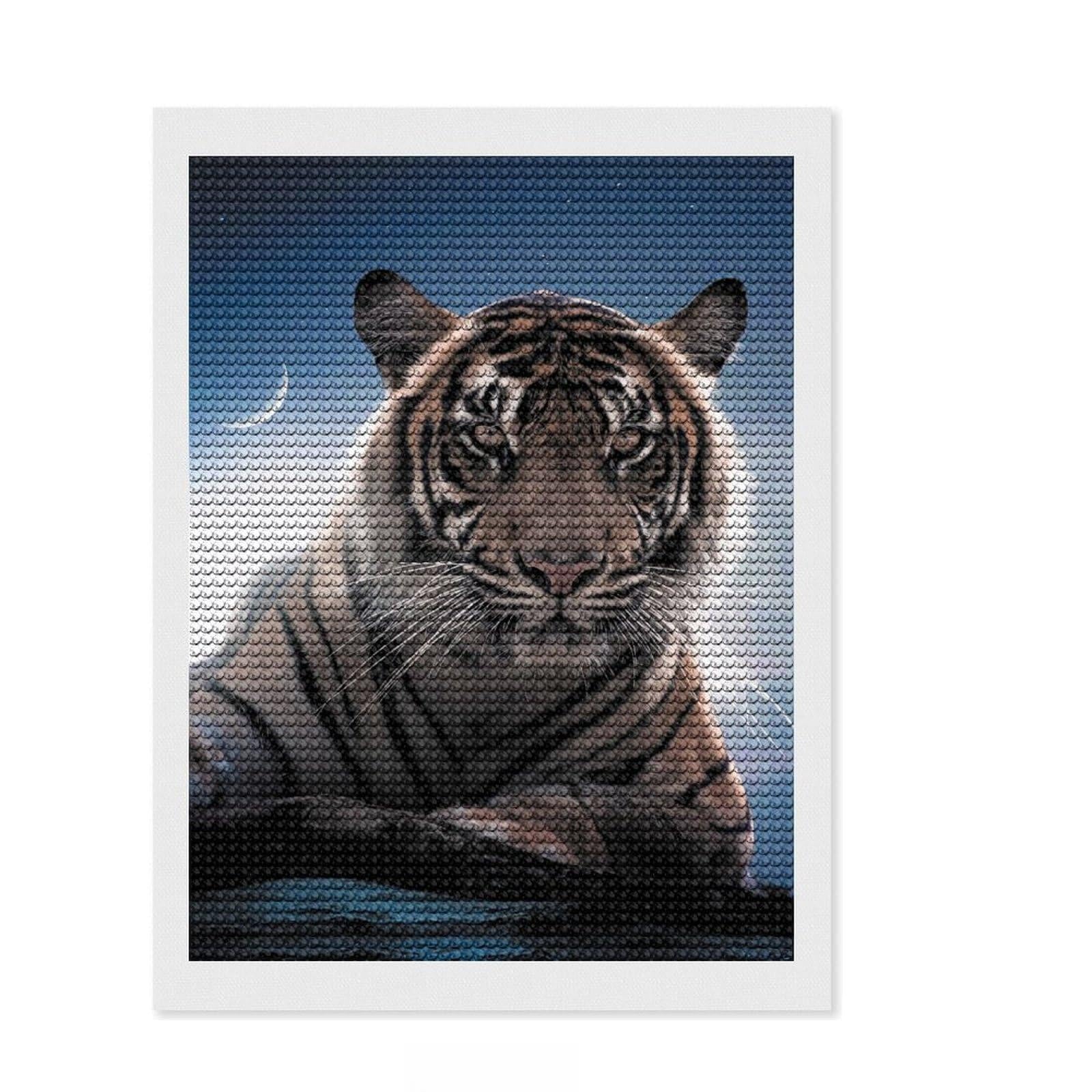 Junmoney The Tiger and The Moon Crystal Diamond Art Kit 12"x16", Arts and Crafts, Aesthetic Room Decor, Boho Decor, Festive Home Decor