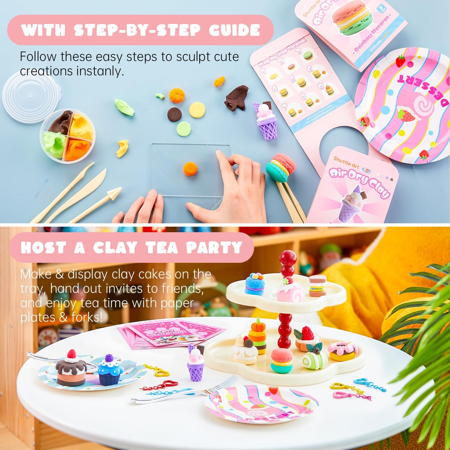 Shuttle Art Air Dry Clay for Kids - Cake Time, 52 PCS Modeling Clay Kit with Sculpting Tools and Tutorials, Safe & Non-Sticky, Craft Gifts for Boys & Girls