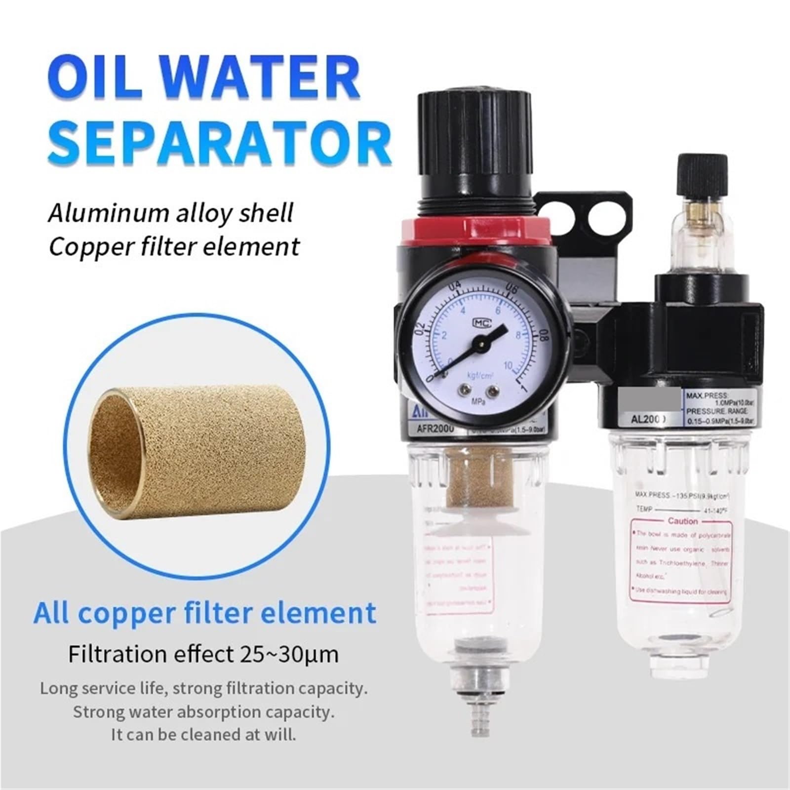 El filtro separador de agua y aceite del compresor de aire AFC2000 G1/4 se utiliza for reducir el regulador de la válvula de presión 1 Uds.(AFR2000-BT12 Fitting)