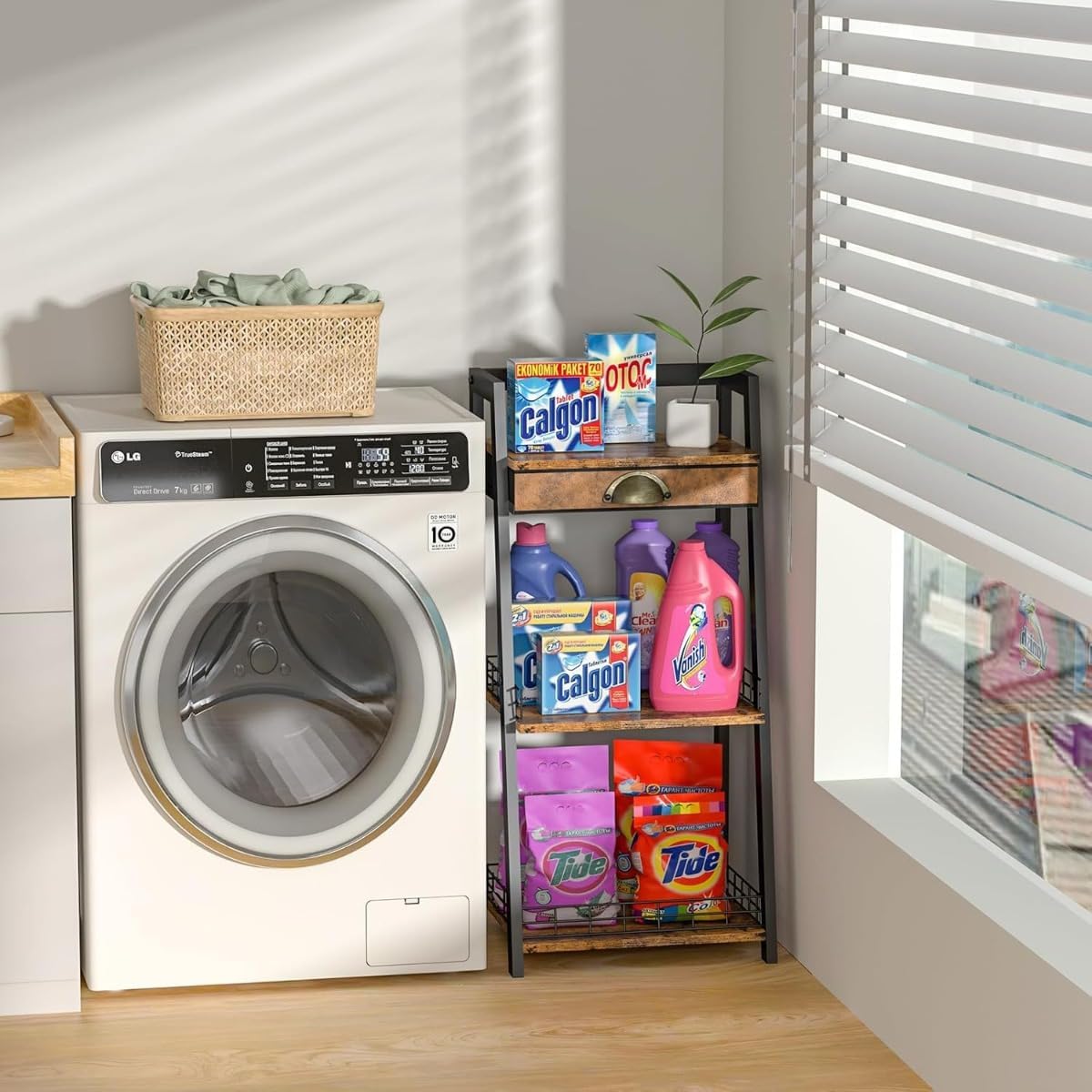 3段バスルームシェルフ 引き出し付き 床収納 小型フィオズFiozwea ウェ自立式タワーシェルフ モダンミニマリスト (B)