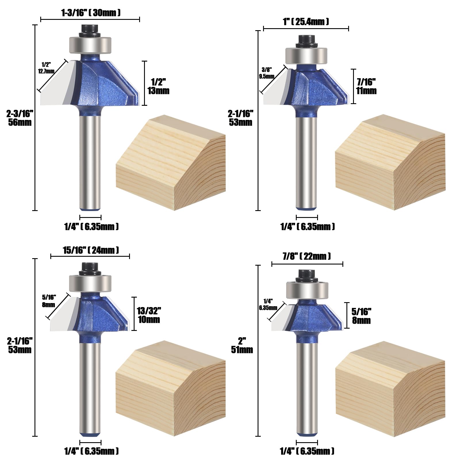 Vearter 4PCS 45 Degree Chamfer Router Bit Set, 6.35mm Shank Carbide Edge Bevel Forming Milling Cutter - Image 4