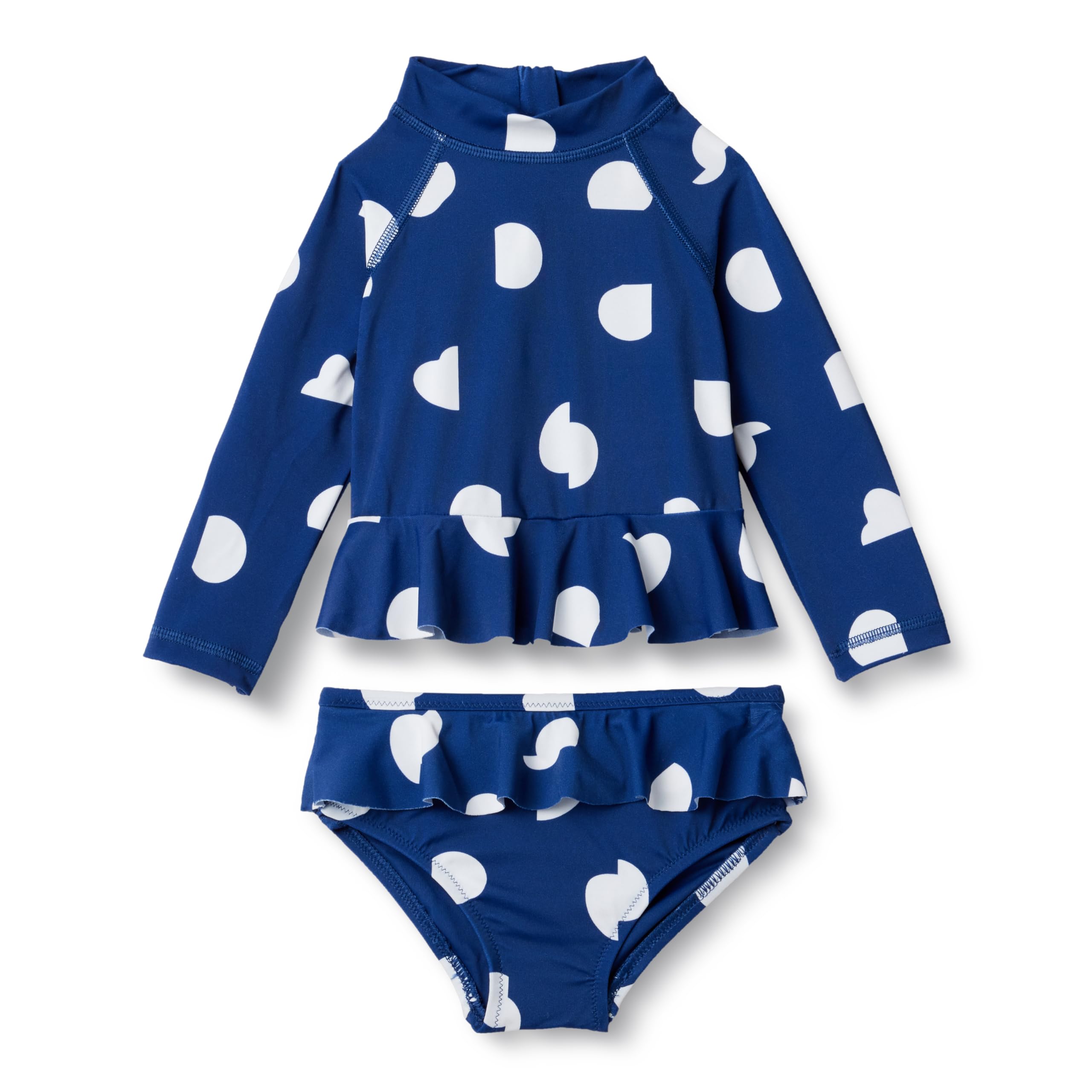 Amazon Essentials Baby Girls' Stretch Long-Sleeve Ruffle Rash-Guard Swim Set, Deep Blue Ivory Abstract Dots, 18 Months