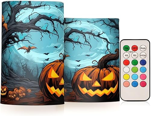 Velas sin llama de calabaza de Halloween Jack O Lantern que funcionan con pilas, velas LED parpadeantes, velas falsas con temporizador para mesa de