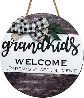 Grandkids Welcome Front Door Sign Front Door Decoration Round Door Sign Door Hanger Grandparents Gift Wooden Wreath for Front Door (Coffee, One Size)