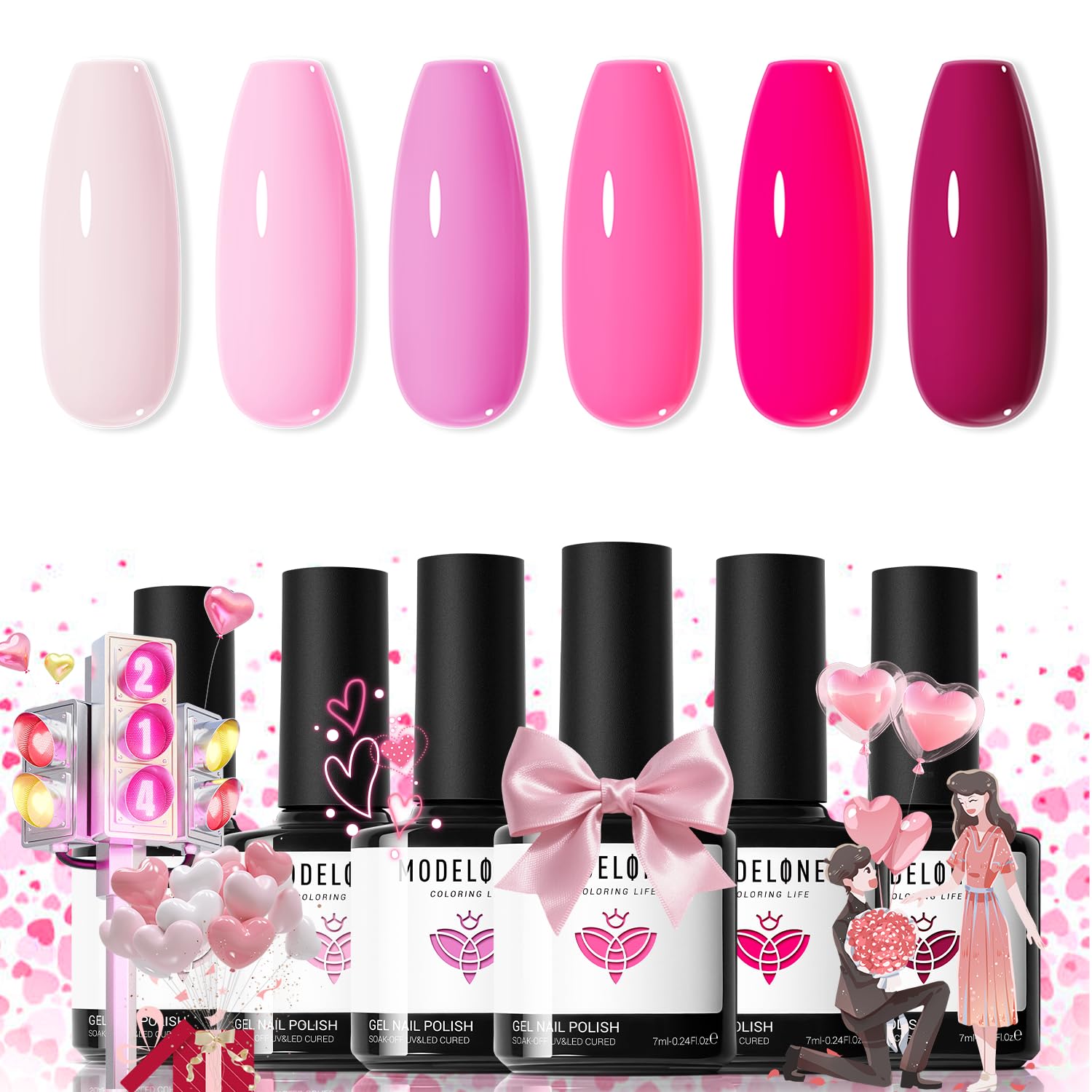 modelones Pink Gel Nail Polish Set- 6 Colors 2026 Valentines Day Pastel Hot Pink Tones Neon Pink White