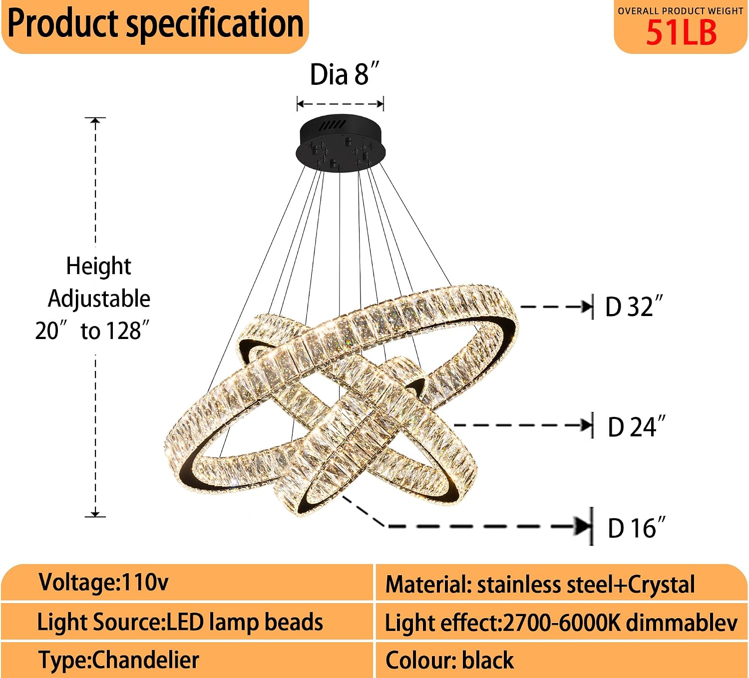 Modern 3 Rings Crystal Chandelier,Black Led Dimmable Chandelier for Dining Room Height Adjustable Pendant Light 32"+24"+16"