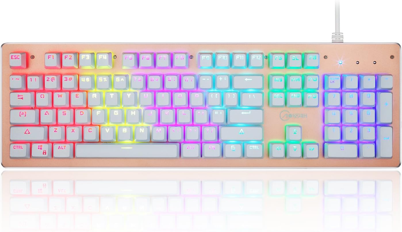 Mechanical Keyboard with Blue Switches, 104 Keys Anti-ghosting Rainbow Led Backlit Wired Gaming Keyboard with Preset and Customized Lighting Effects for PC, Laptop Gamer (Gold)