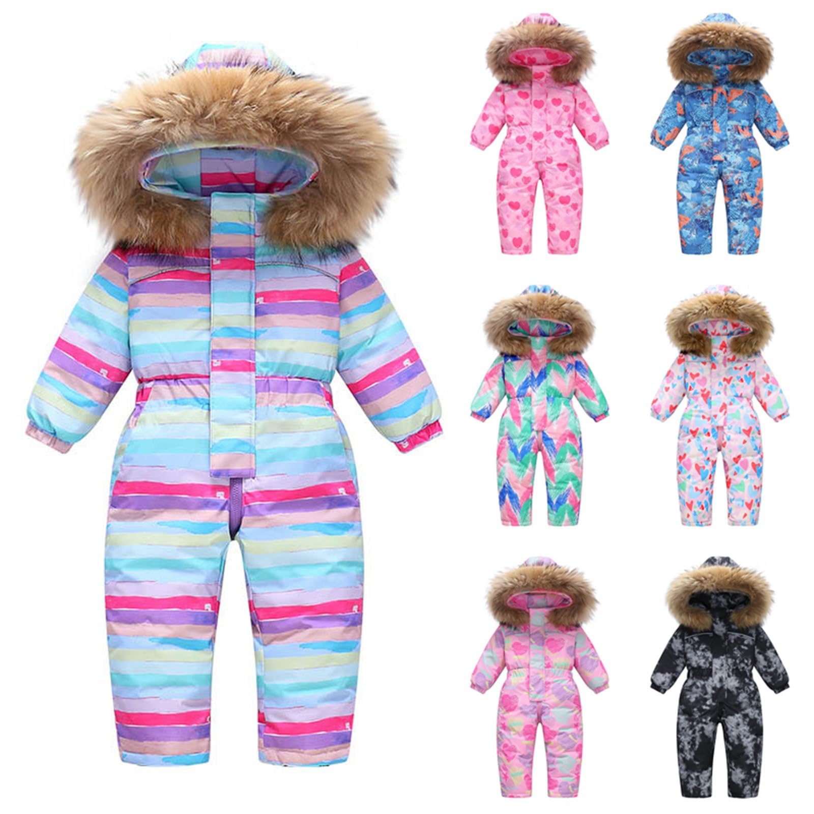 Combinaison de neige pour bébé garçon et fille Motif cœur rembourré chaud rayé arc-en-ciel Combinaison à capuche zippée Combinaison thermique de ski