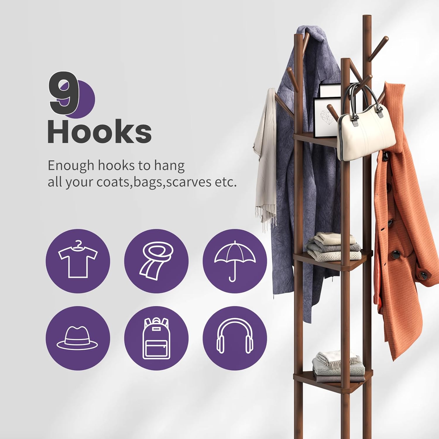 Rotating Coat Rack, Freestanding Coat Rack with 3 Shelves and 9 Hooks Clothes Organizer Coat tree for Bedroom, Entryway, Livingroom (Brown)