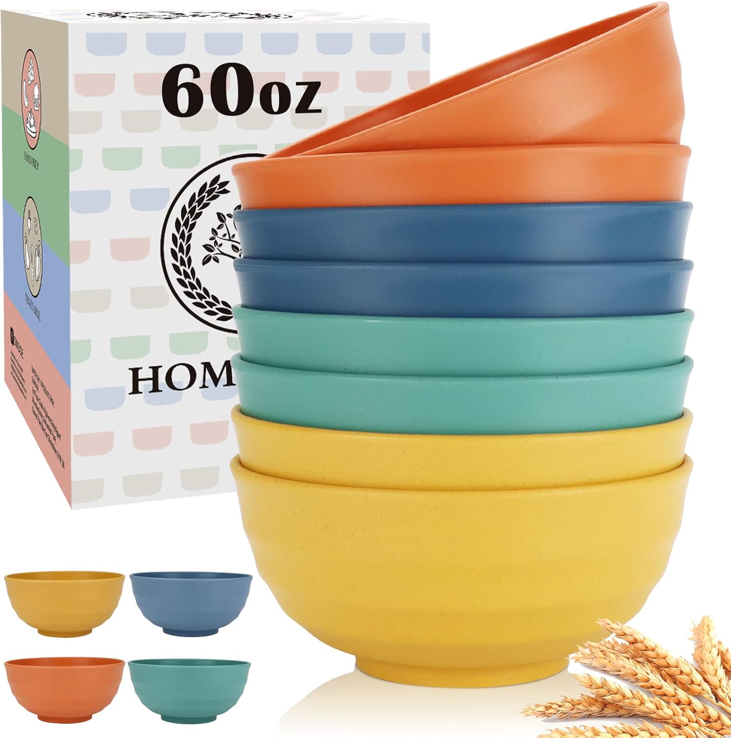 Homienly 60oz Unbreakable Wheat Straw Bowls - 8pc Large Salad Cereal Serving Set, Microwave Dishwasher Safe for Kitchen Camping Multi-Color