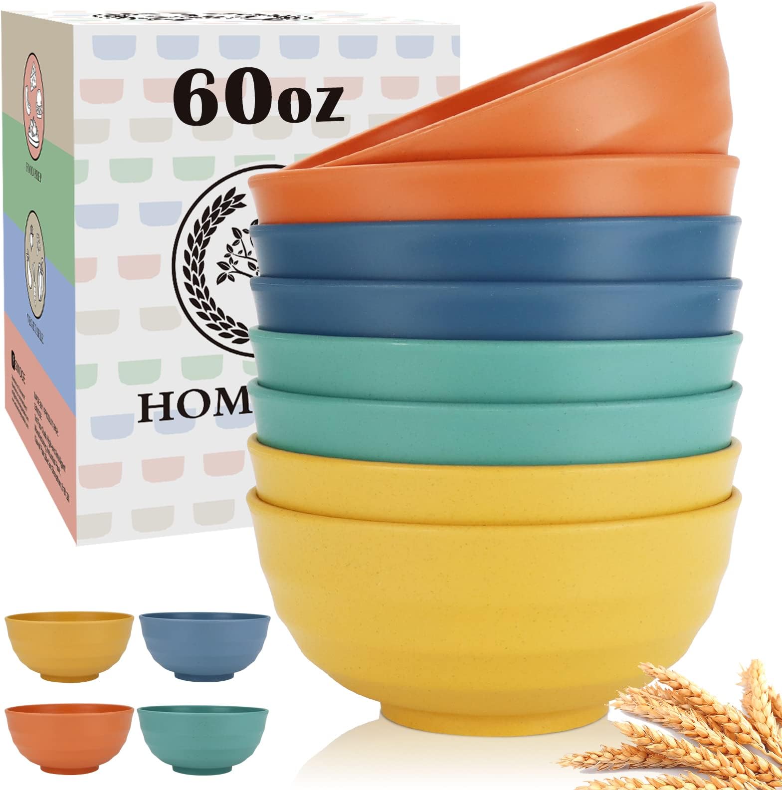 Homienly Large Bowls, 60 Oz Salad Bowls, Large Cereal Bowls, 8PCS Unbreakable Wheat Straw Serving Bowls for Pho, Popcorn, Soup & Oatmeal, Microwave & Dishwasher Safe for Kitchen, Camping (Multi)
