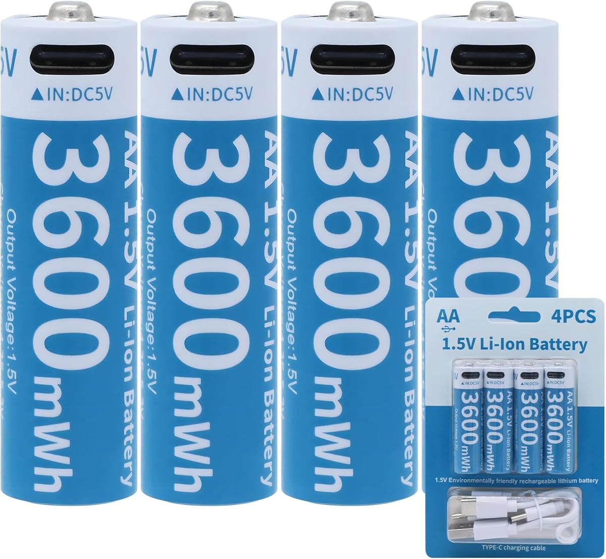 AA Akku Lithium Wiederaufladbare - 1.5V 3600mWh USB Batterien mit 4-in-1 USB-C Ladekabel Aufladbare Batterie 1 Stunden Schnellladung 1500 Zyklus 4 Stück (4 Stück AA 3600mWh)