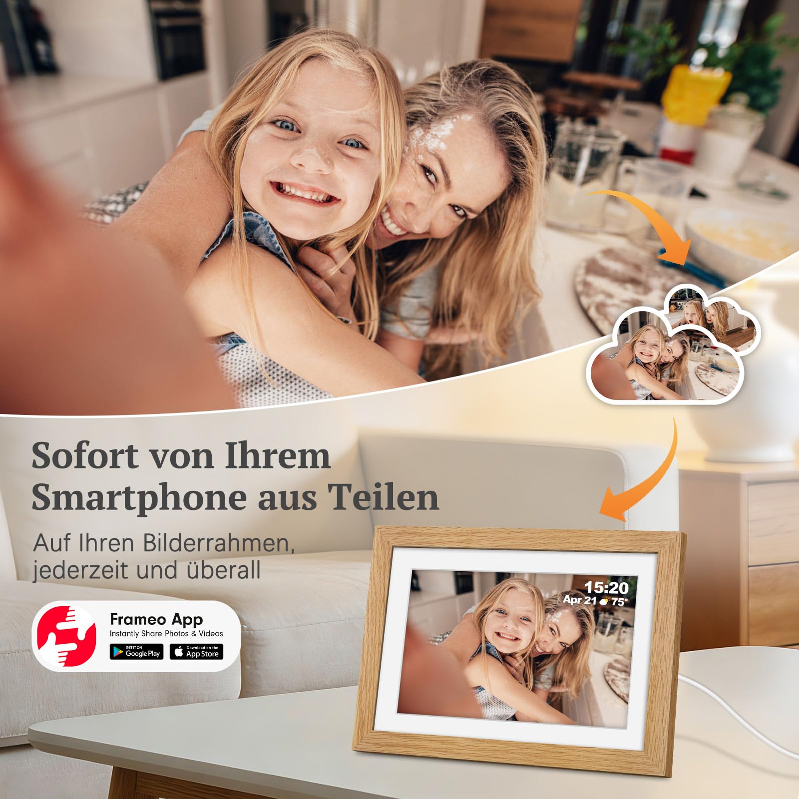 Frameo Digitaler Bilderrahmen Holz WLAN mit 32GB, 10.1 Zoll Elektronischer Bilderrahmen 1280 * 800 IPS Touchscreen, Fotos/Videos sofort über Frameo APP Teilen, Geschenke für Frauen Männer, Eichenholz