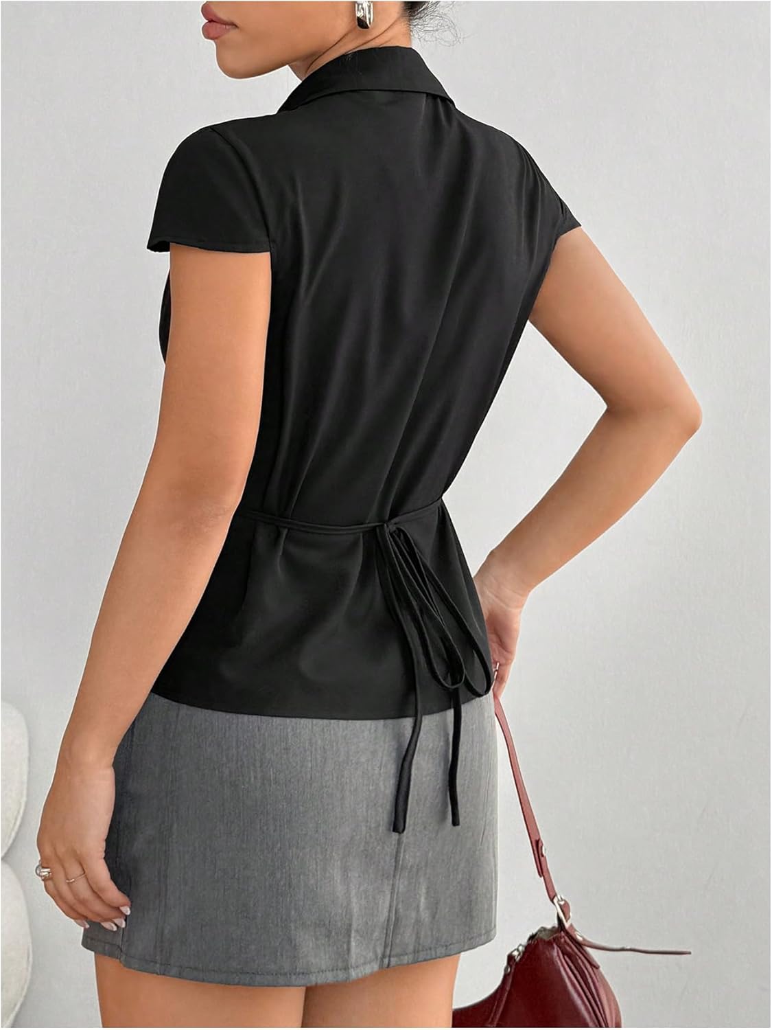 SweatyRocks Women's Ruched Button Down Shirt Short Sleeve Tie Back Fitted Blouses - Image 2