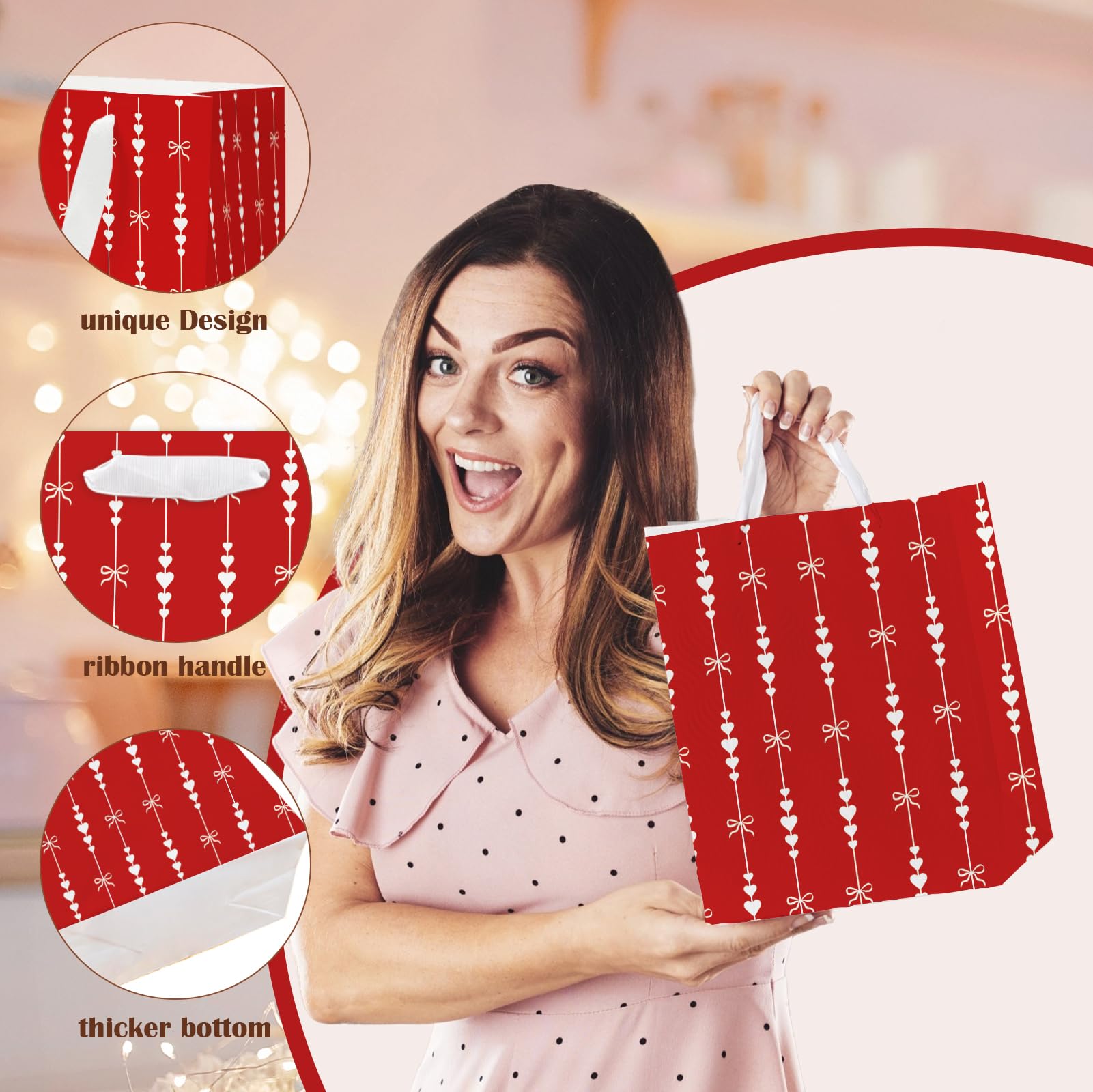 wjrsxilt Valentine's Day Gift Bags Set of 6 - Medium Sized 9" Red Hearts Bags with Handles incl. Matching Tissue Paper - Reusable & For Presents of Any Birthday, Weddings, Valentine's Day