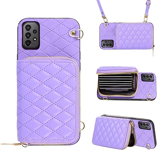 Funda tipo cartera con correa cruzada desmontable para Samsung Galaxy A32 5G 2021 6.5 pulgadas con cremallera, ranura para múltiples tarjetas y