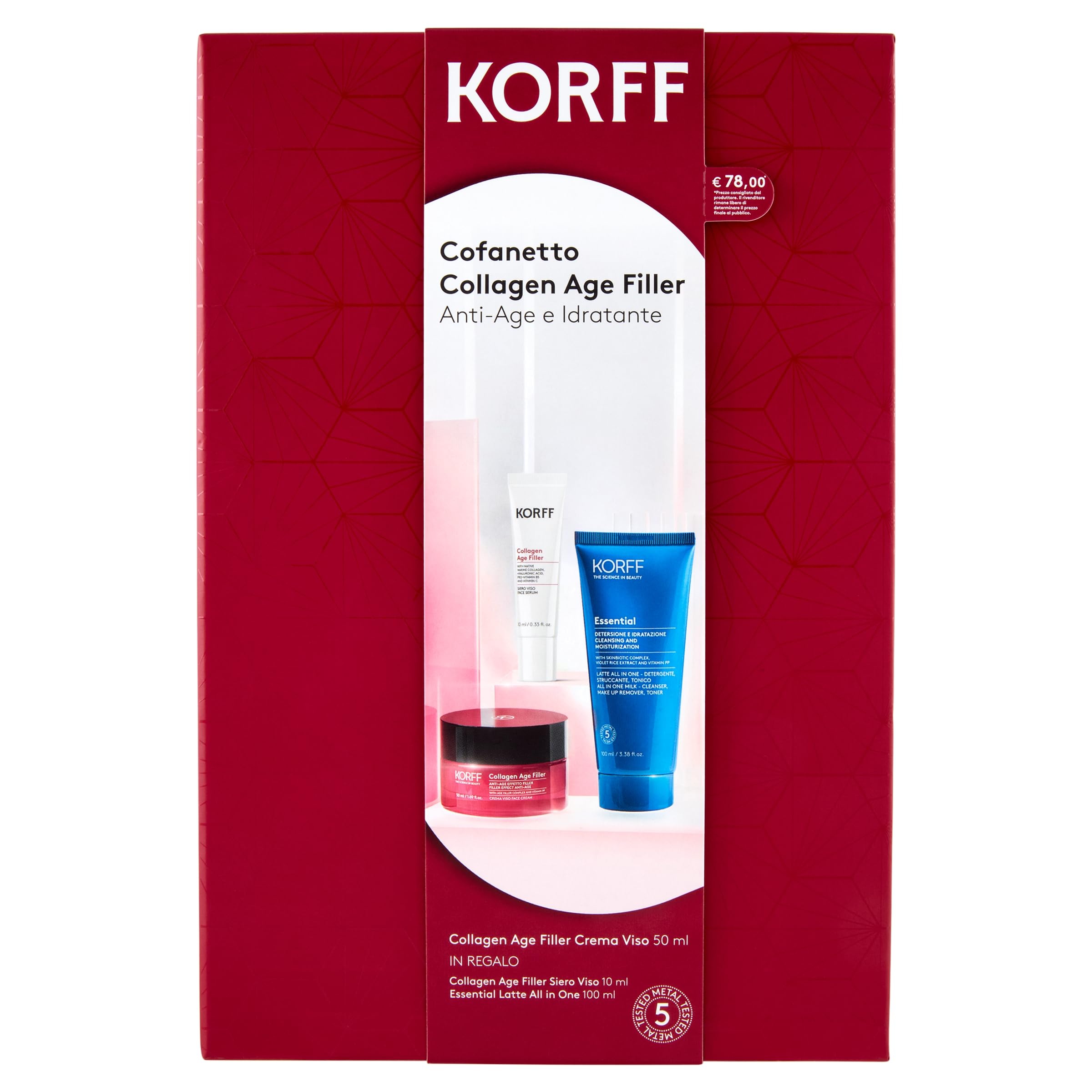Korff Zestaw upominkowy z kolagenem wypełniaczem, nawilżający krem do twarzy z kolagenem, krem do twarzy z kolagenem 50 ml, wypełniacz do twarzy z kolagenem i serum do twarzy 10 ml i Essential mleko