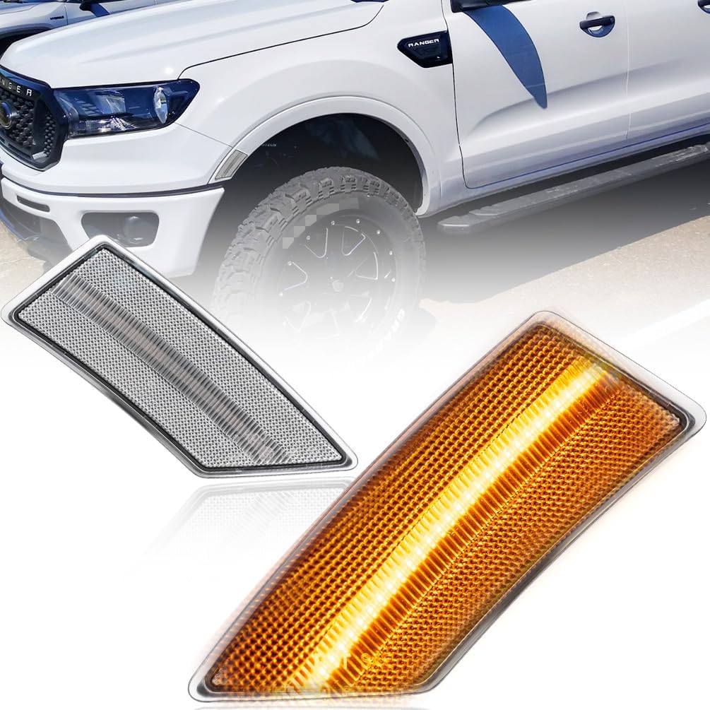 NJSBYL Amber LED Side Marker Light Assemblies for 2019-2023 F-ord Ranger Lariat XL XLT Front Bumper Reflector Markers Lights Clear Lens Driving Singal Running Lamps OEM KB3Z13A565A BK3Z13A565B