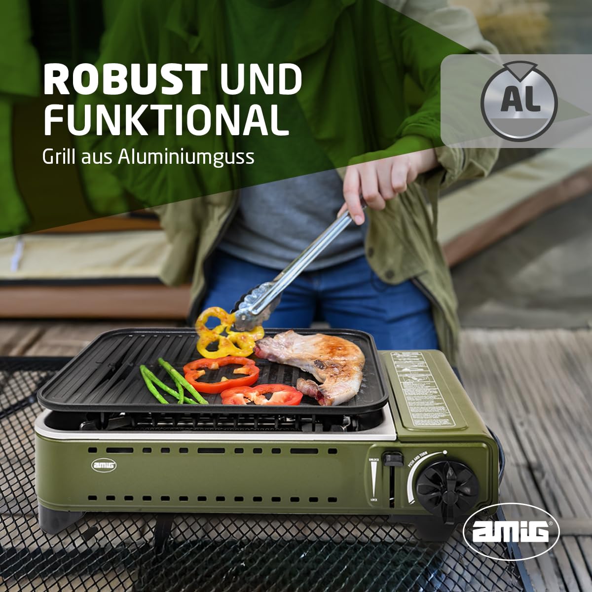Amig - Camping Gas BBQ01, Tragbare Küche, Grillkocher - Aluminiumguss Grillplatte, Mit Edelstahl-Fettauffangschale, 1,8 kW Leistung, Kompatibel mit B-250 Kartuschen