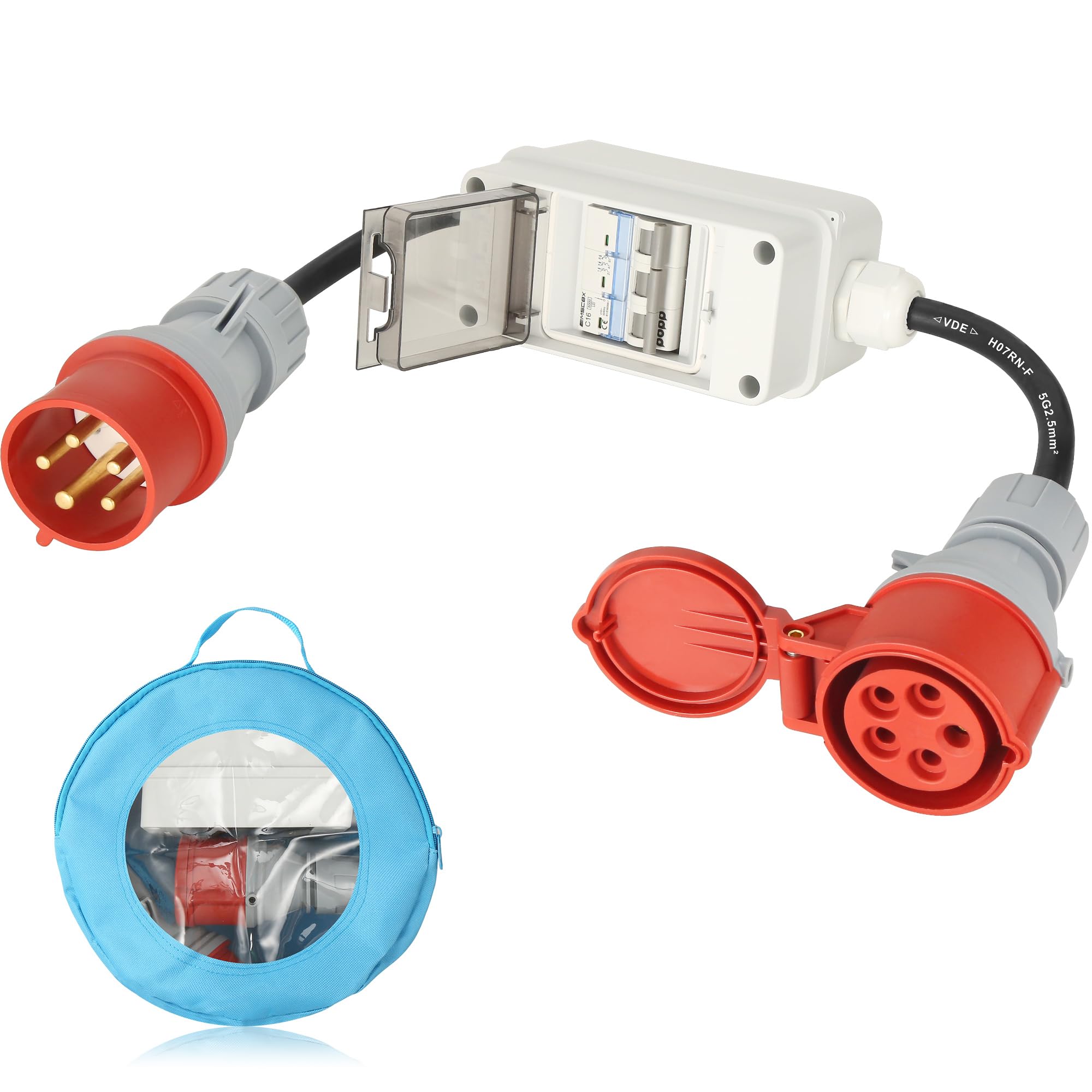 5 Pin CEE Adattatore 32A a 16A per Veicoli Elettrici Caricatore EV con Interruttore Automatico per Sovraccarico Cortocircuito Protezione, 79cm Cavo H07RN-F 5G 2.5mm² Semko EN60309