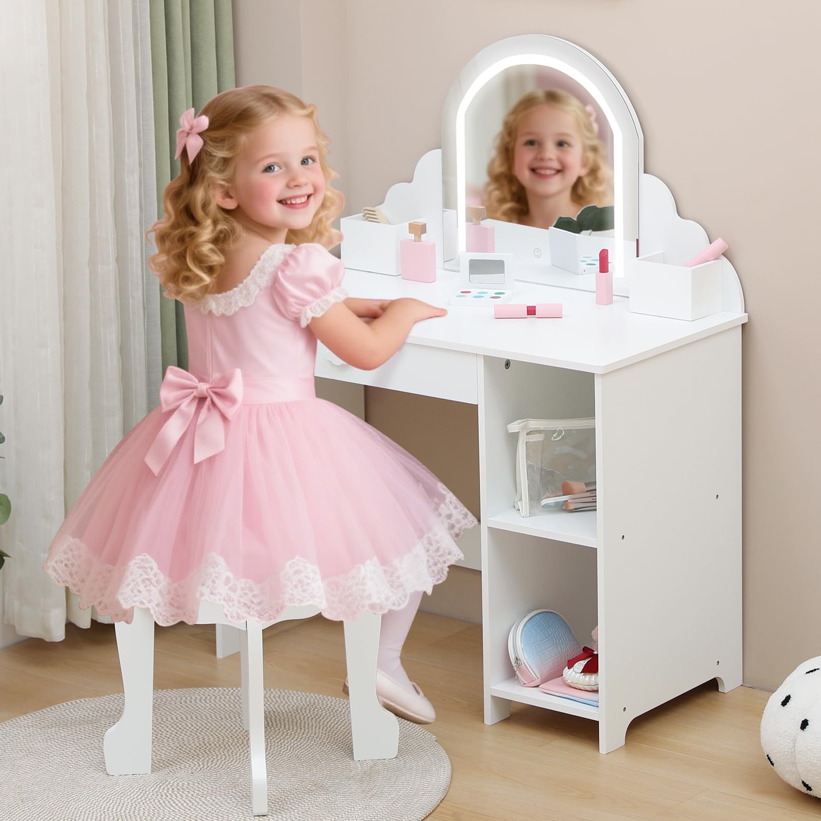 Tocador de Maquillaje Niña 2 en 1 con Luz y Espejo, Tocador Infantil con Luces LED Ajustables, Tocador Niña Madera con Taburete, Cajones y Estantes