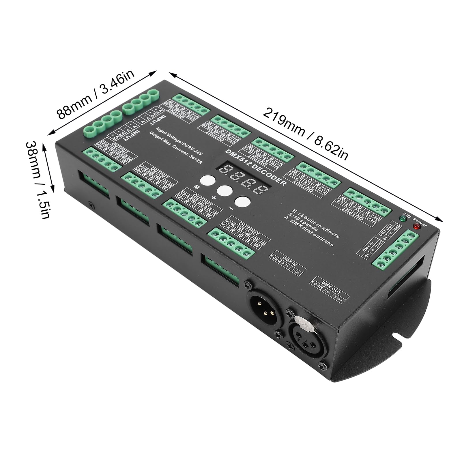 Pyhodi DMX 512 LED -Decoder -Controller 36Ch Digital Display Decoder, 3.46x1.50x8.62in LED -Digitalanzeige Decodering, 2A RGBW Multiple X Decoder -Controller für Strip Light