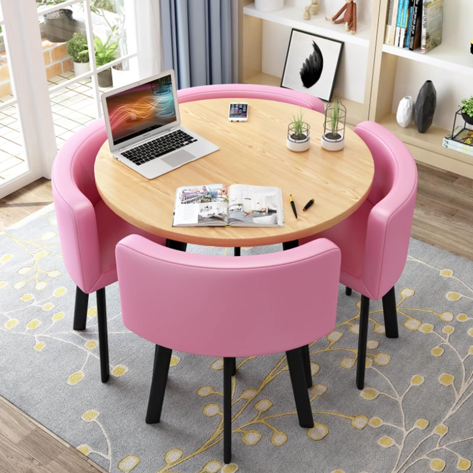 ASerZenith Space-Saving Round Dining Table Set For 4 With Chairs, Strong Metal Frame Kitchen Office Conference Table, Modern Casual Coffee Table For Apartment,Pu A-D 31.5Inch/80Cm