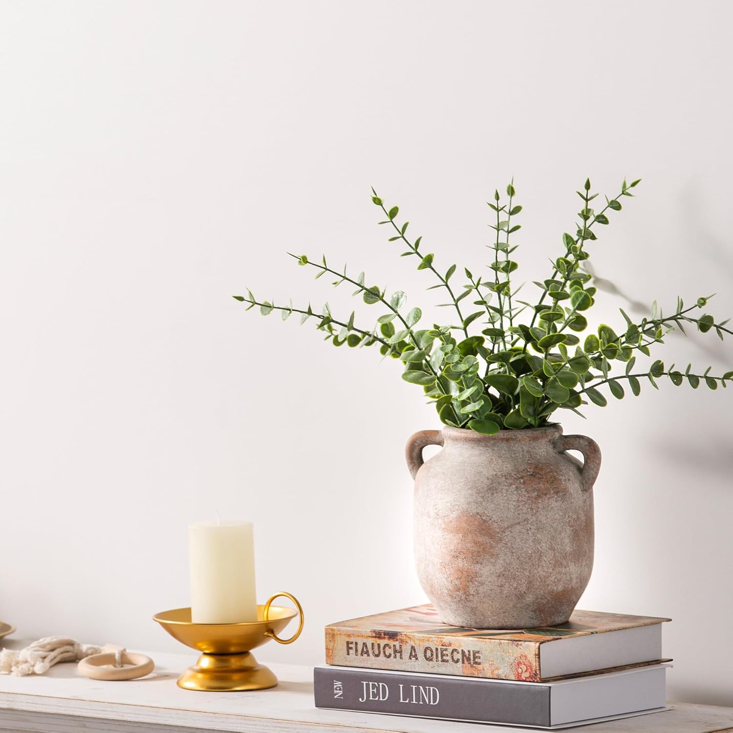 Ceramic Flower Vase Home Decor - 6 Inch Farmhouse Rustic Table Vases with Handle Living Room Decoration Decorative Vintage Pottery for Kitchen Shelf Coffee Dining Bookshelf Fireplace Centerpiece - Image 7