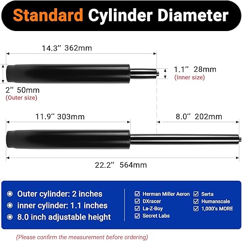 Miniatura 2 de Reemplazo de cilindro de silla de oficina extra largo de 14 a 22 pulgadas, carrera de 8 pulgadas, elevación hidráulica de 1000 libras clase 4