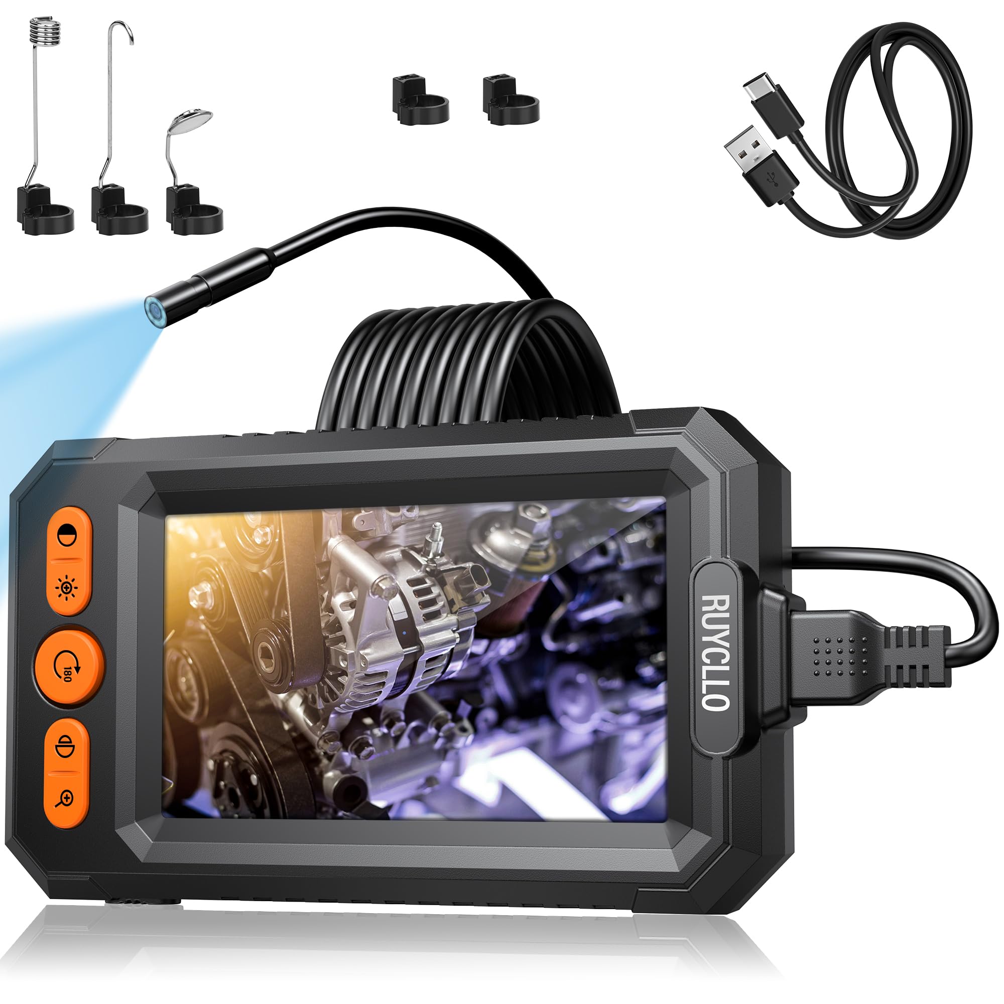 Endoscopio 1080P HD con Schermo IPS 4.3'' – Telecamera per Ispezione Tubi IP67 Impermeabile con 8 LED, Sonda con Telecamera 8mm e Cavo Semirigido 5M, per Videoispezione Auto Casa Tubazioni
