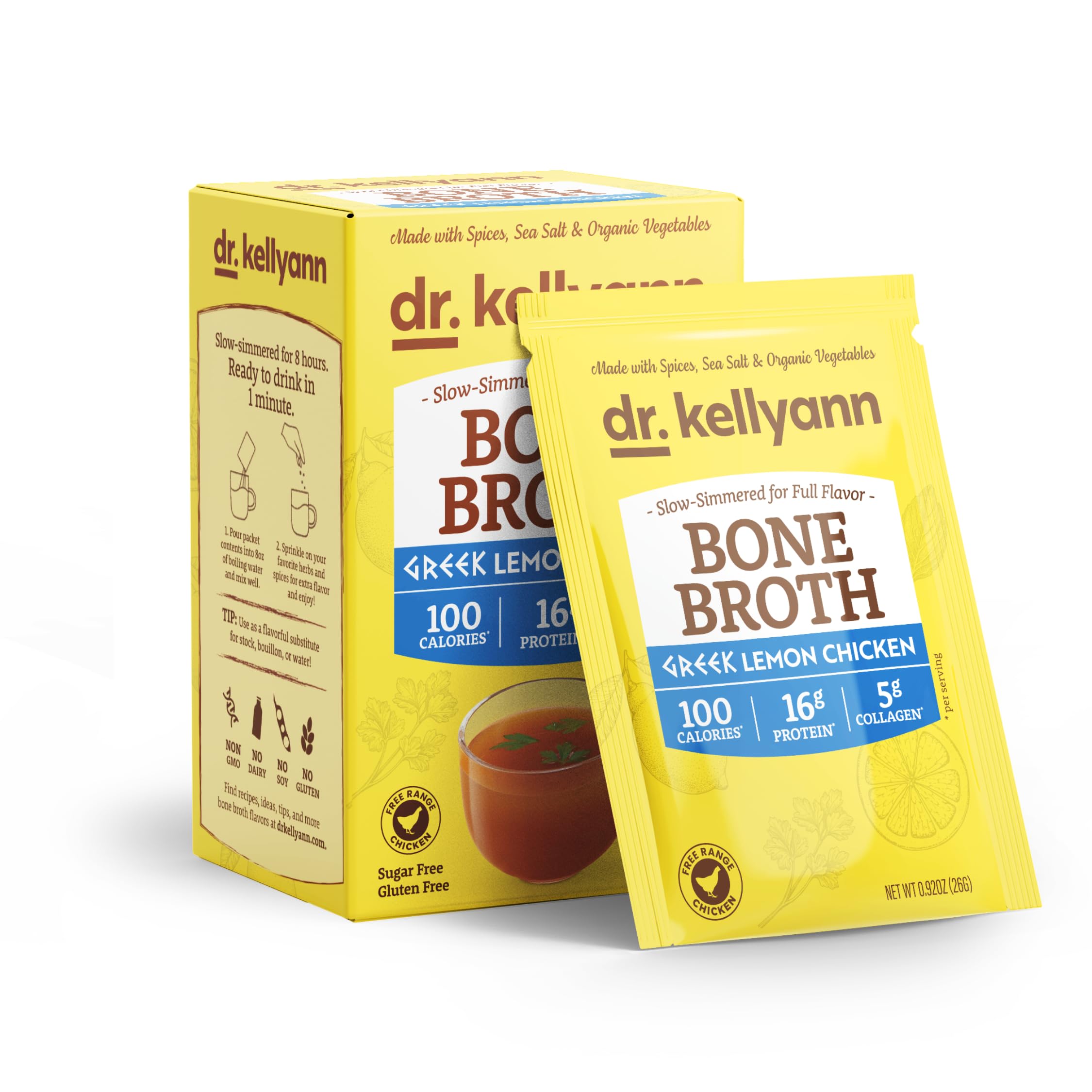 Dr. Kellyann Greek Lemon Bone Broth Packets (7 Servings) – 16g Protein, Grass-Fed Hydrolyzed Collagen, Keto & Paleo-Friendly Greek Lemon Chicken 7 servings