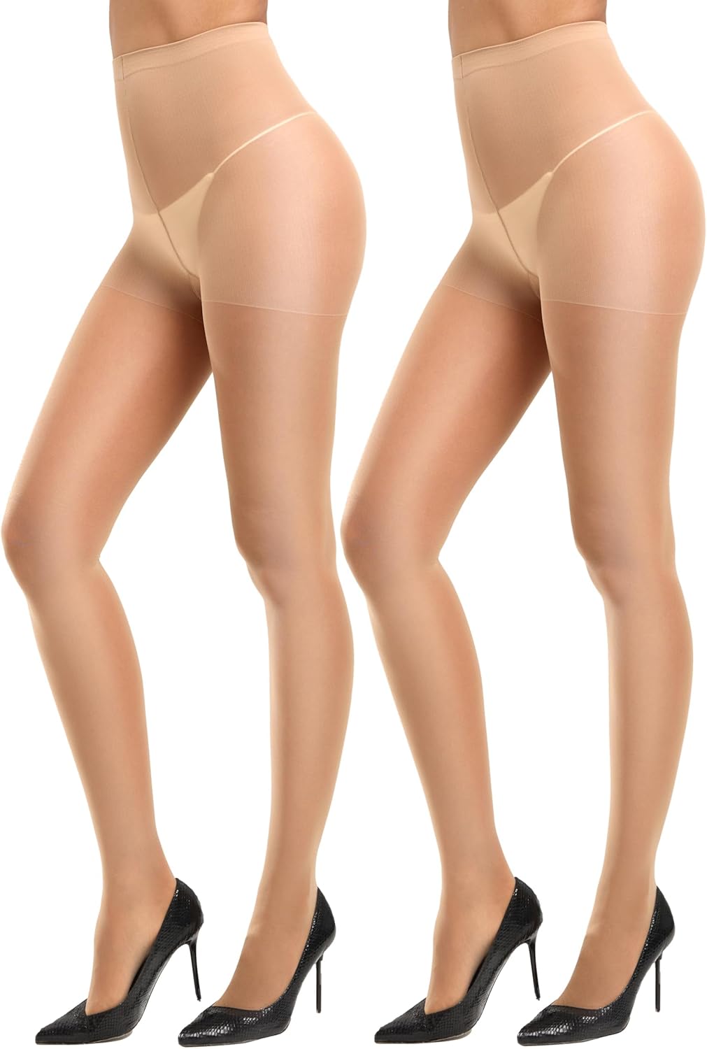 CozyWow 40D Sheer Tights for Women, Durable Control Top Pantyhose, High Waist Stockings with Reinforced Toe 2Beige-L