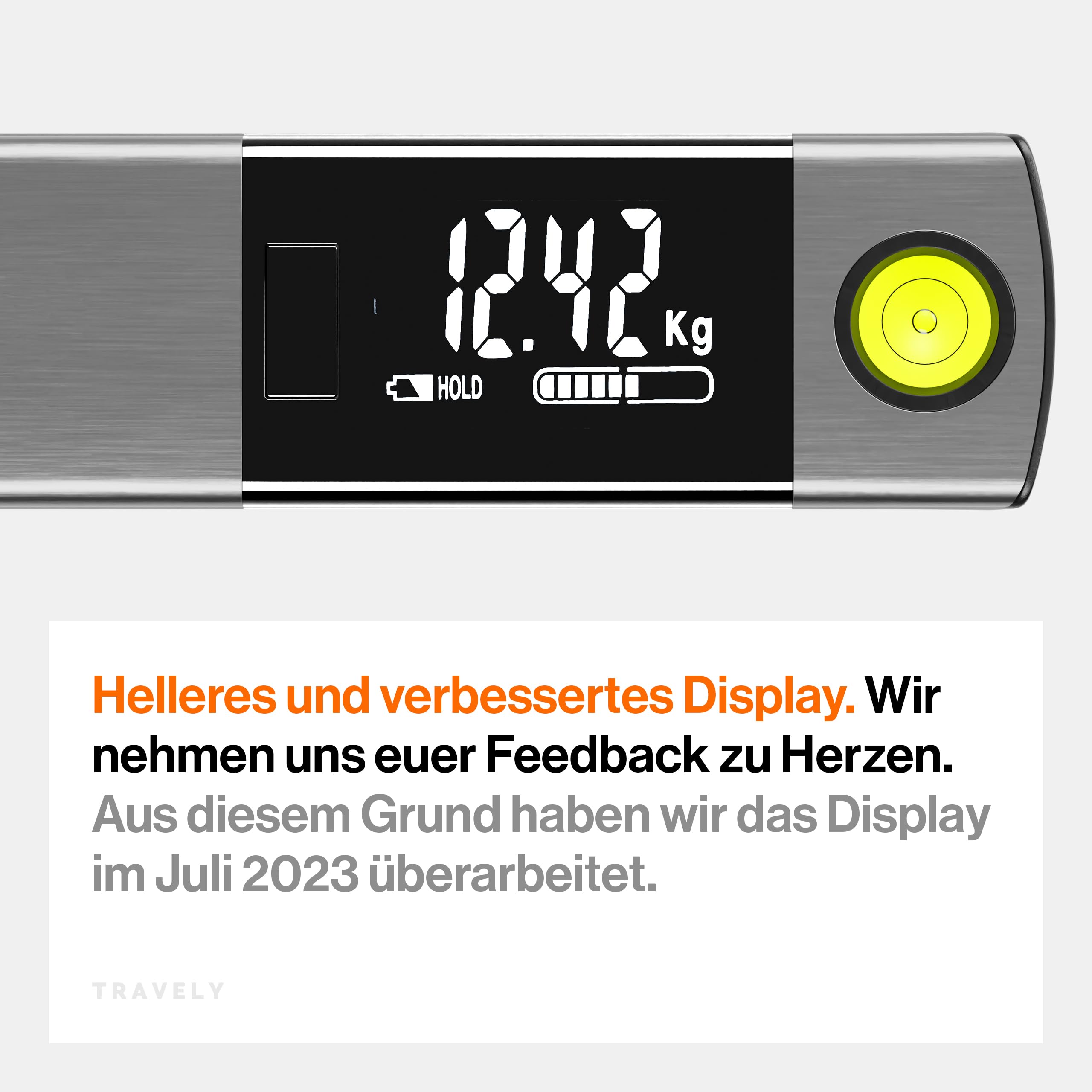 TRAVELY Premium Kofferwaage aus gebürstetem Edelstahl bis 50KG I Gepäckwaage mit praktischem Maßband und integrierter Wasserwaage für genauste Messungen. weight Scale digital mit haken