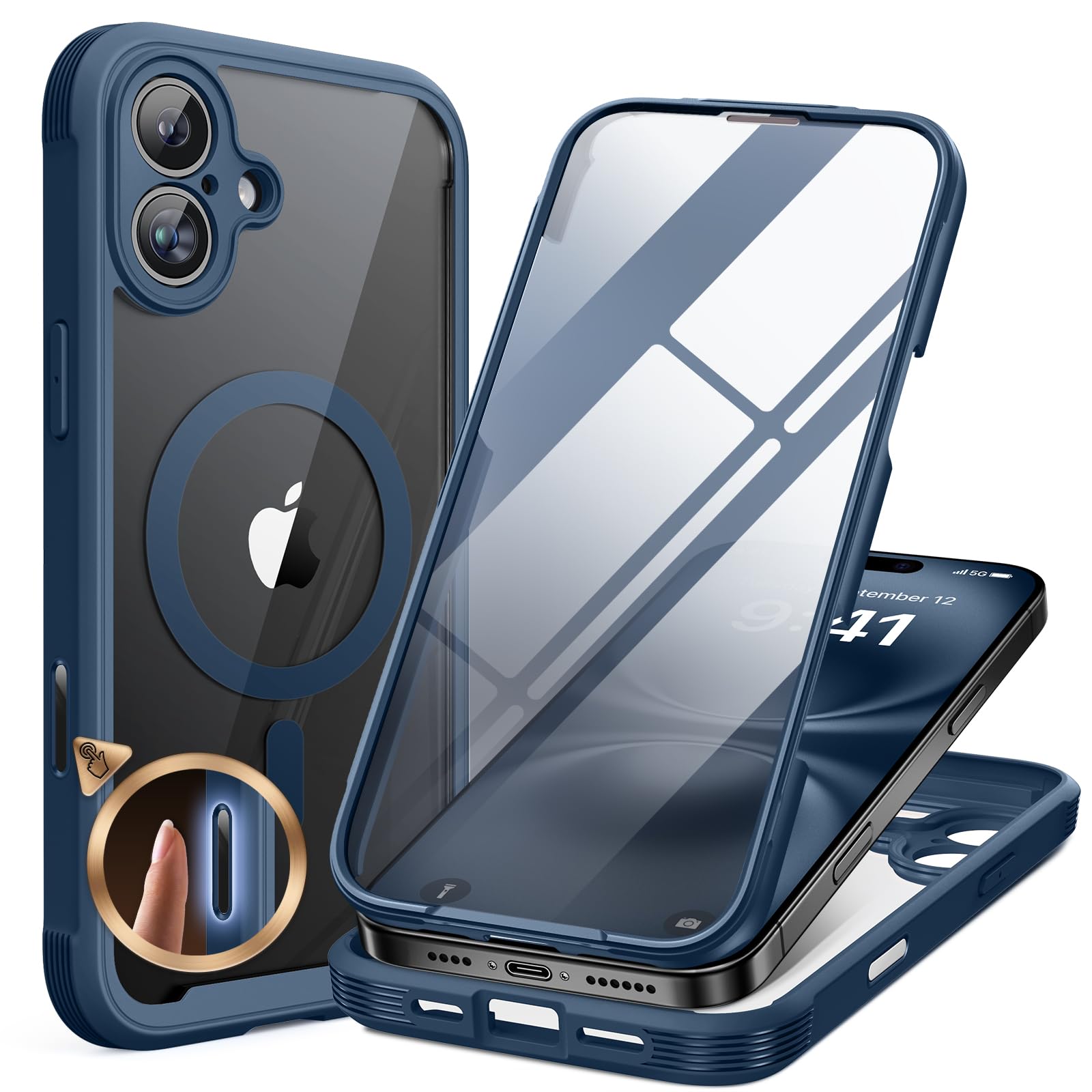 Miracase for iPhone 16 Case 6.1'', Full-Body Protective Phone case with Built-in Full Glass Screen &amp;Camera Control,Easy Installation,No Gap,Compatible with MagSafe,SGS Drop Proof 16 Cover,Storm Blue