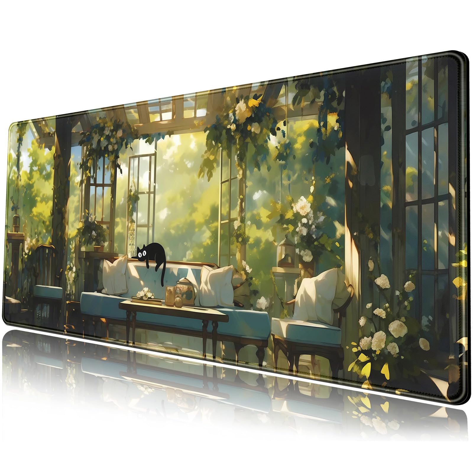 Cute Cat Desk Mat Green Plants Aesthetic Desk Pad Anime Kawaii Gaming Mouse Pad Large Mousepad Extended XL Laptop Keyboard Mouse Mat 31.5"x11.8" with Stitched Edges Non-Slip Rubber Base