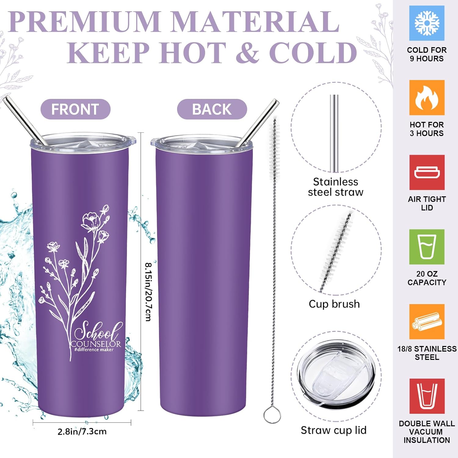 6 Pcs School Counselor Appreciation Gift Set for Women Thank You Gifts 20 oz Boho Flower Tumbler Makeup Bag Journal Ballpoint High School Teacher Educator Work(Purple, Counselor) - Image 7