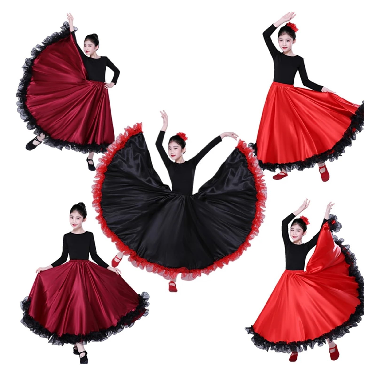 Vestido de Baile Flamenco for niños, Faldas gitanas, 360, 540 y 720 Grados, for niñas de 100 a 150 cm, Vestido de Baile de salón(540DegreeColor1,Height140CM)