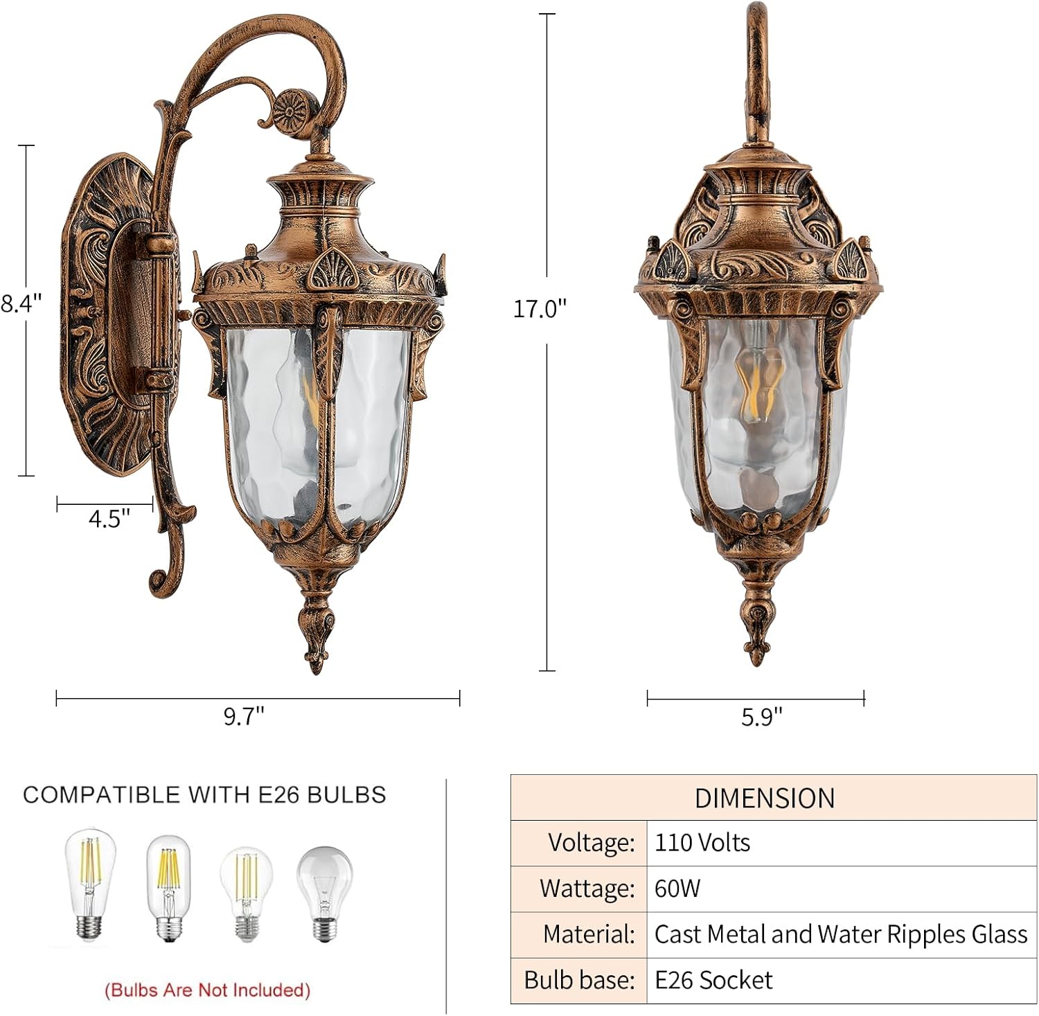 Outdoor Wall Light Fixtures 16.95" Outside Wall Lantern Gold Waterproof Exterior Porch Lights with Hammered Glass Shade Wall Sconce Light for House Front Door Garage Doorway Patio Yard Street