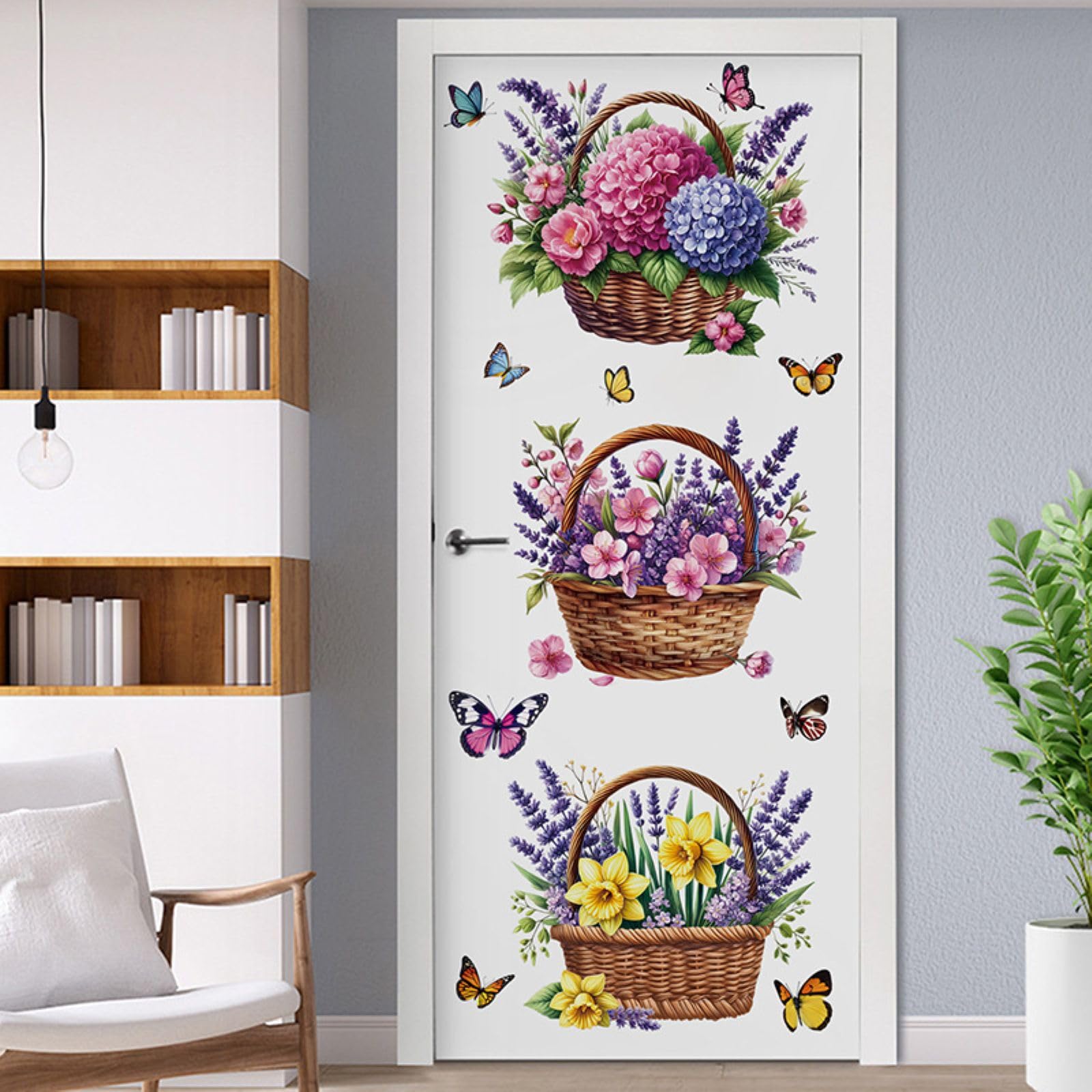 FUFUQUARE Purple Flower Basket Wall Stickers Elegant Butterfly Floral Bouquet Wall Art Decals Peel and Stick Decorations for Bedroom Living Room Nursery Kitchen Toilet Seat Lid - Image 2