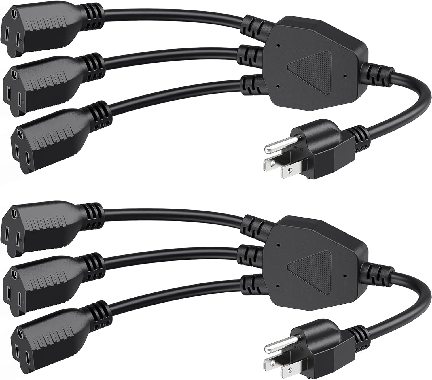 [ETL Listed] Cable Matters 2-Pack 3 Outlet Power Splitter Cord - 1.5ft, NEMA 5-15P to 3X NEMA 5-15R, 16 AWG Outlet Saver, 3 Way Extension Cord Splitter
