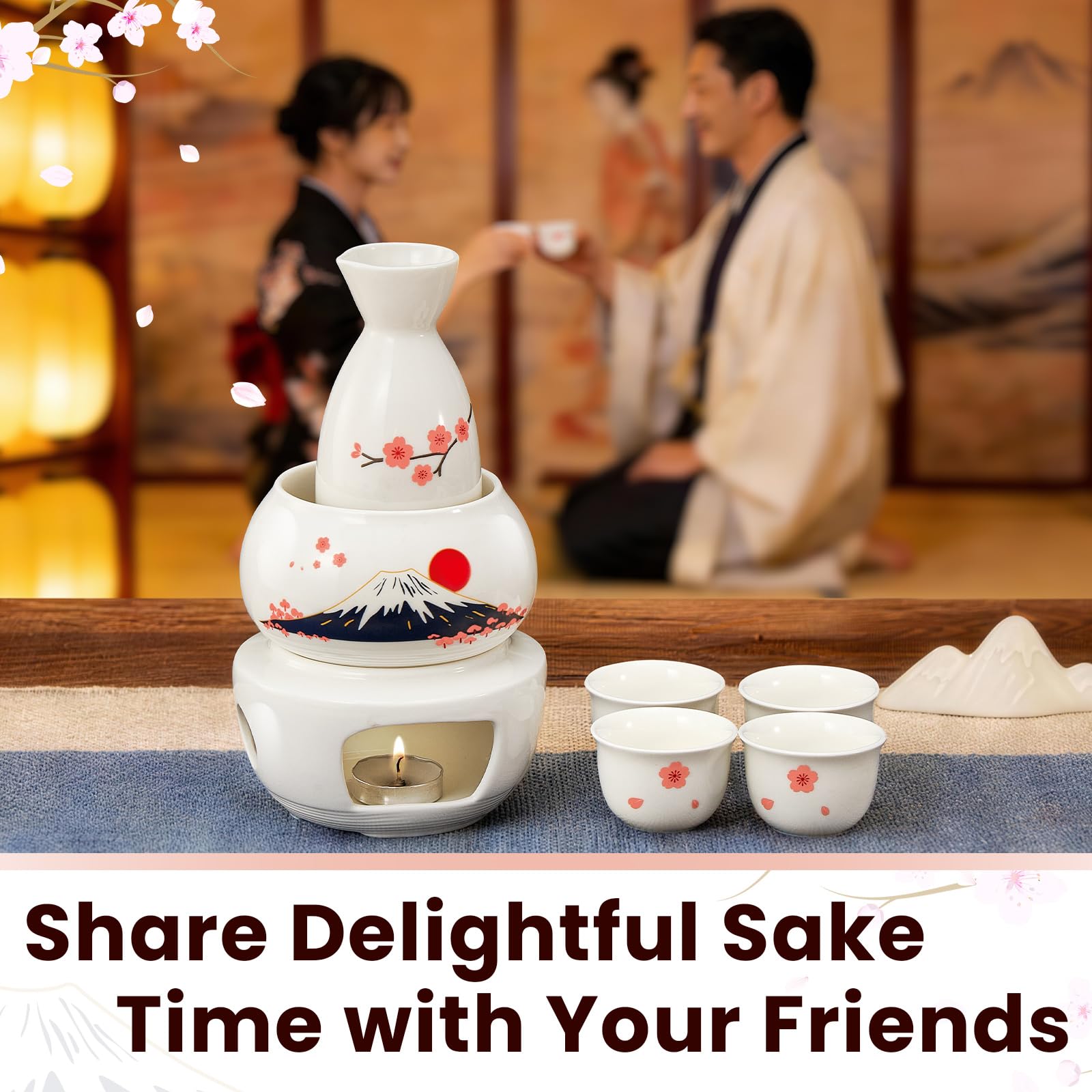 DUJUST Service à saké japonais 10 pcs avec chauffeur pour 6 personnes, design Sakura&Fuji en porcelaine, 6 tasses,1 carafe,1 chauffeur,1 brûleur à bougie,1 plateau,1 boîte, carafe à saké chaud - Blanc
