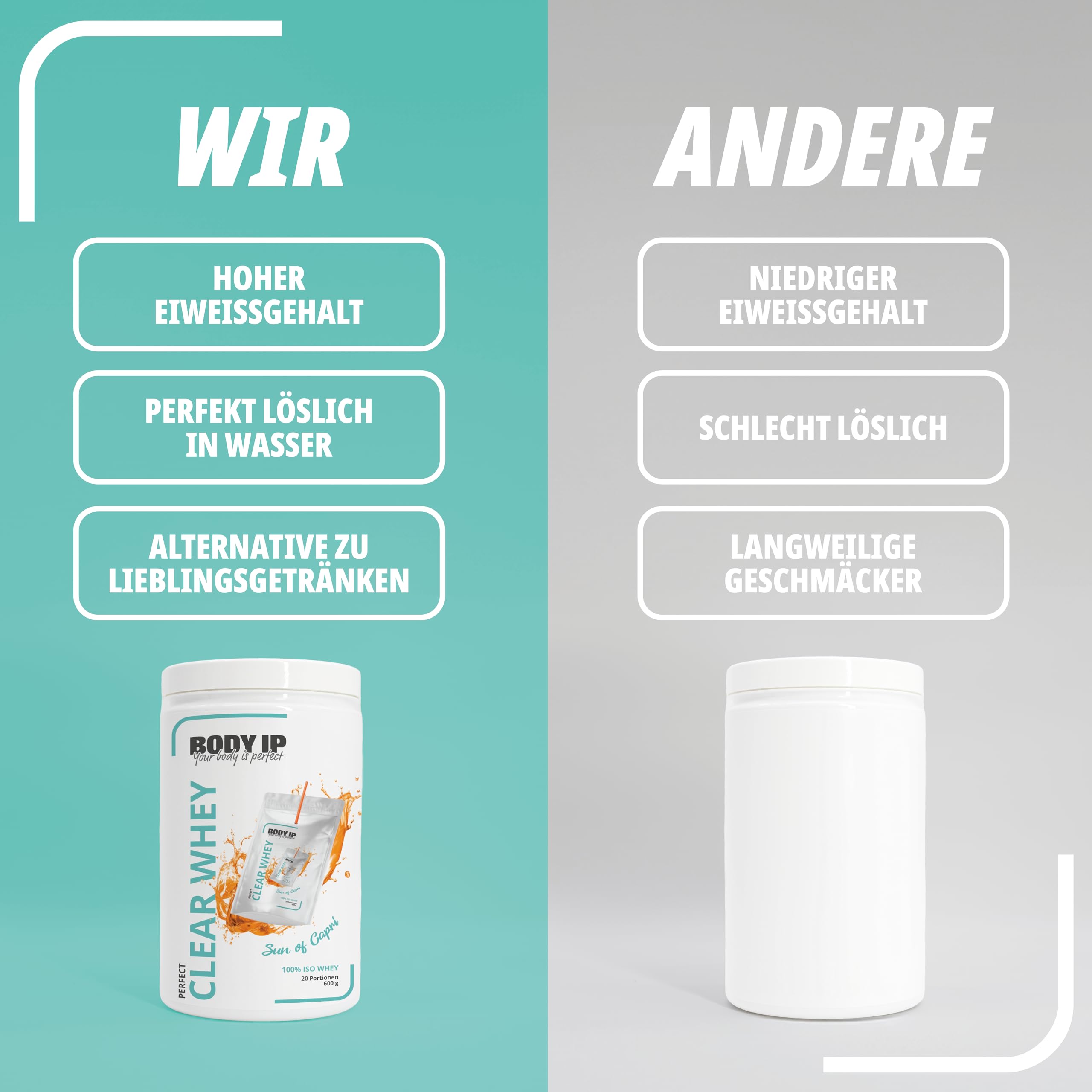 BODY IP Perfect Clear Whey Protein Pulver | Sun of Capri | Eiweißpulver für Protein Shake & Muskelaufbau | Schnelle Aufnahme & gute Löslichkeit | Hoher BCAA Anteil & Eiweißgehalt | 21 Portionen | 600g