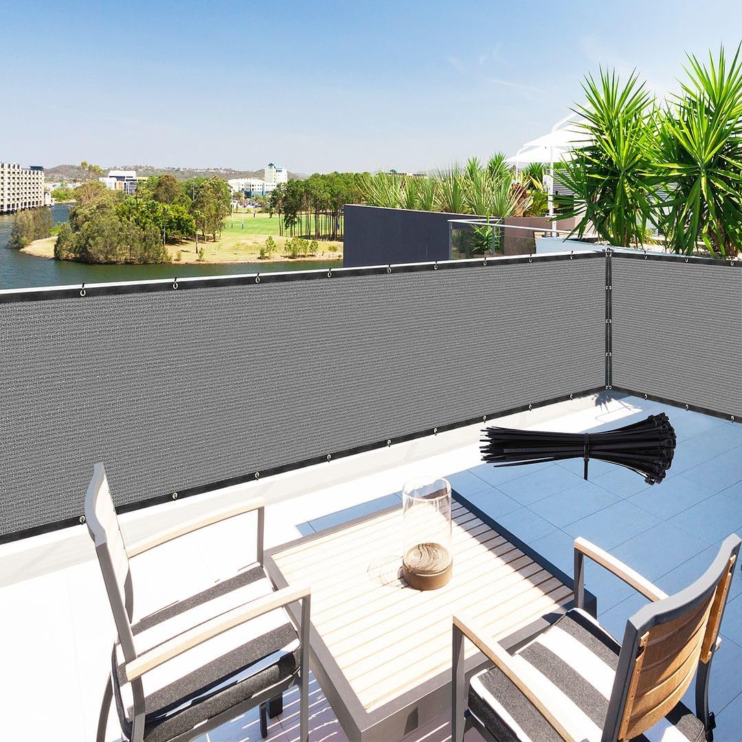 Zip Cable Ties and 4' x 8' Grey Privacy Screen Fence Cover Panel Shade Cloth Fabric for Chain Link Fence Balcony Deck Patio Pool Railing Porch Playground Yard Garden Farm