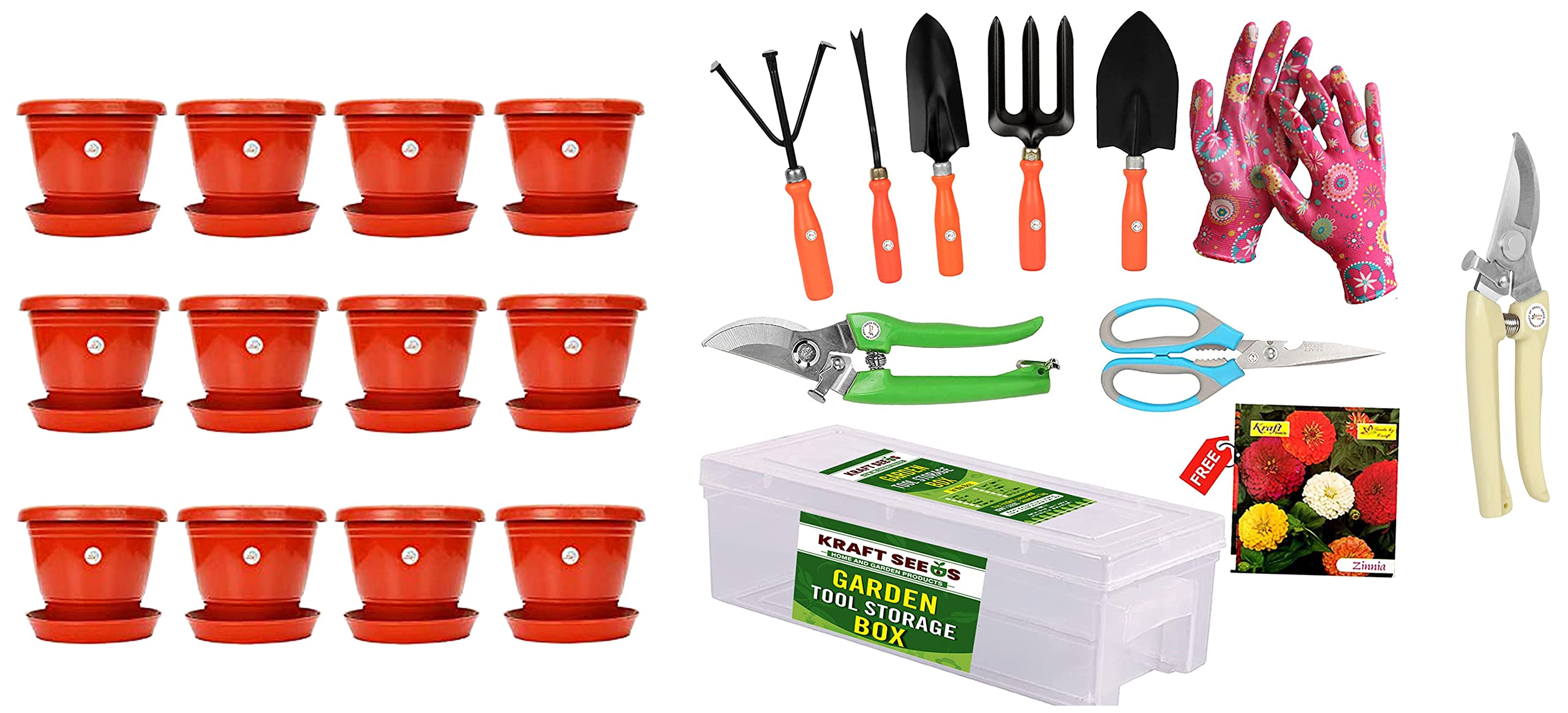 Kraft Seeds Plastic Pot with Bottom Plate, Red, 8 inch, Pack of 12 & Garden Shears Pruners Scissor (Assorted) & Premium Gardening Tools Storage Box (B09SYQDJJ7) Amazon Price History, Amazon Price Tracker