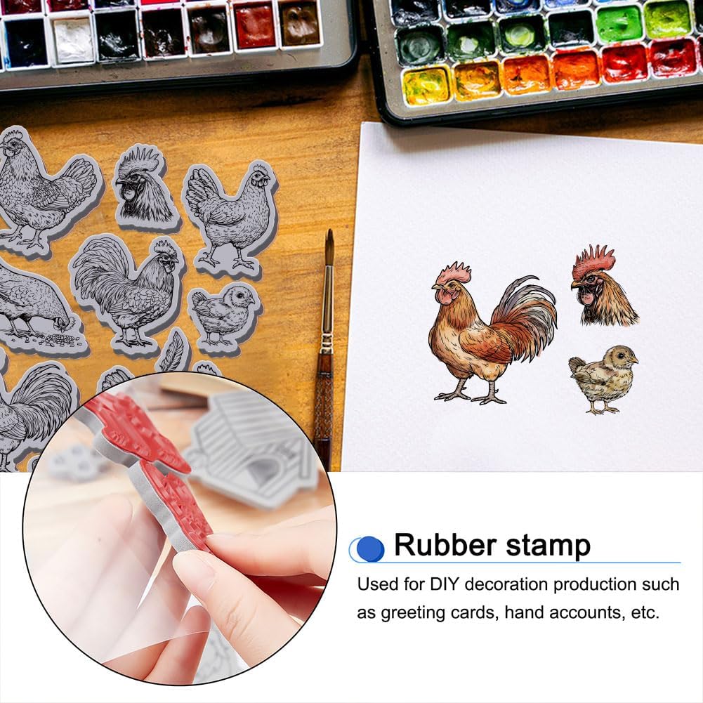 GLOBLELAND Farm Chicken and Egg Cling Rubber Stamp 8.7x7in Hen and Rooster EVA Stamps Embossing Stamp Seal Rubber Stamps for DIY Scrapbooking and Card Making Paper Craft Decor