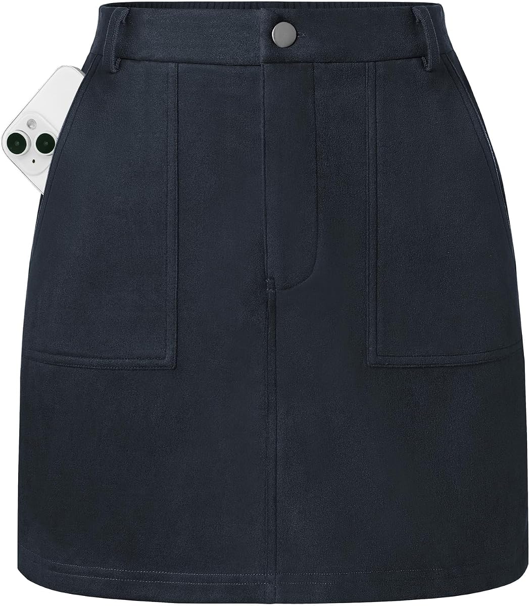 Kate Kasin Women Suede Mini Skirt, High Waisted Pencil Skirt with Pockets